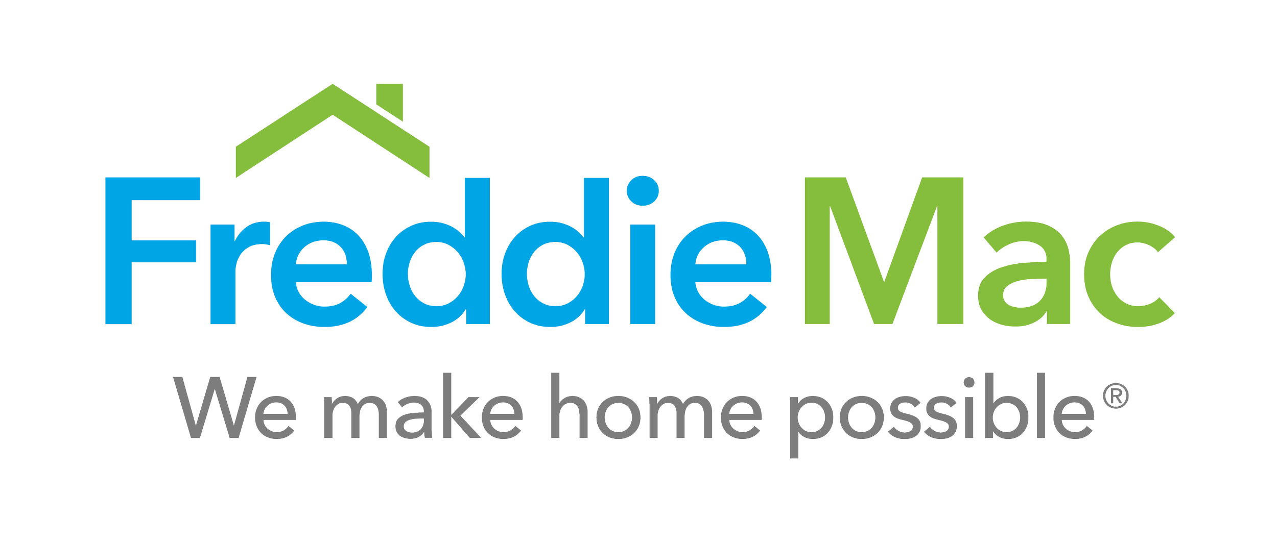 Freddie Mac logo with a green house roof above the text 'Freddie Mac' in blue and green, and the tagline 'We make home possible' in gray.