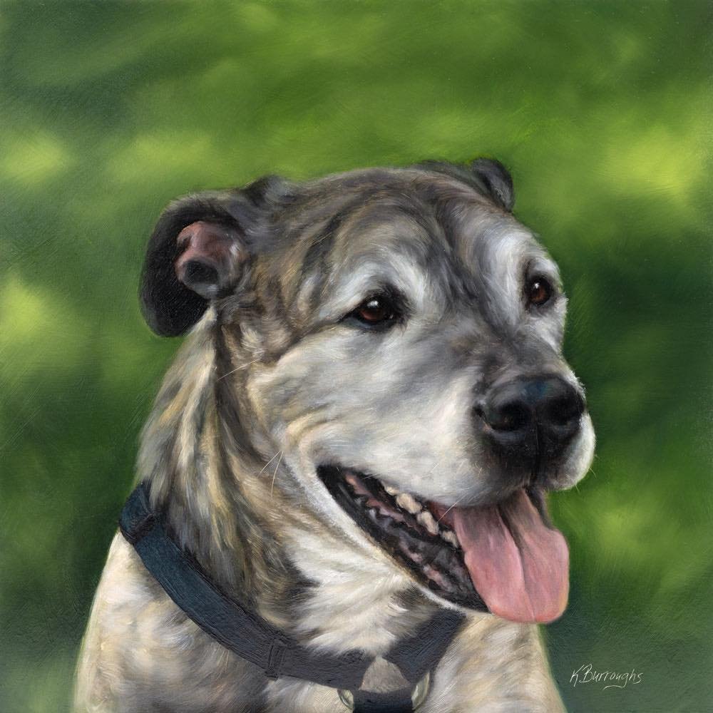 New painting alert! A detailed portrait of Tuezday, a charming dog with a gray and white coat, set against a soft green background. The fur texture and his friendly expression shine through.

#DogArt #PetPortrait #ArtLovers #AnimalArt #PetLovers #Dog