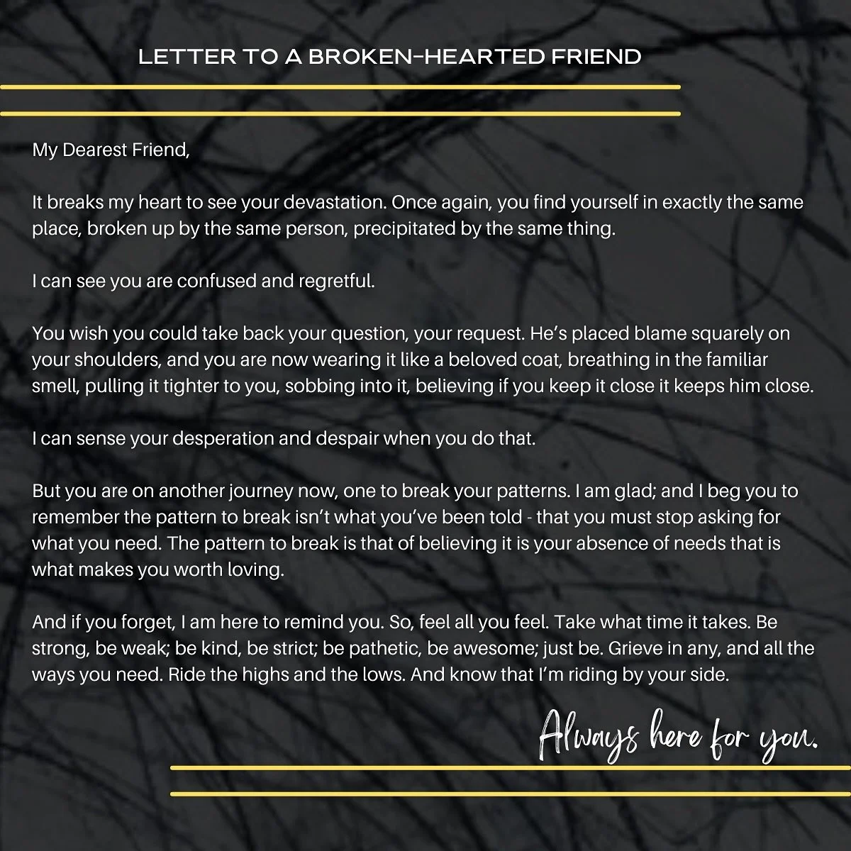 Simon Sinek proposed that it takes &ldquo;as little as 8 minutes to feel not alone&rdquo;. So if you&rsquo;re going through a hard time, but are one of those to struggle to ask for help, ask for 8 minutes. That&rsquo;s no burden to a friend. And if a