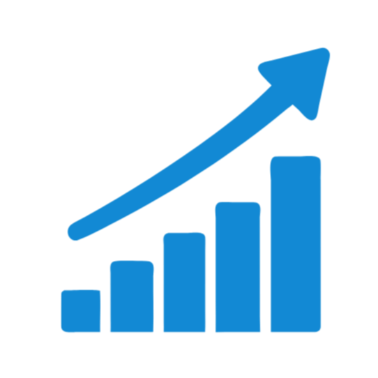 Blue upward trending bar graph with an arrow indicating growth or increase.