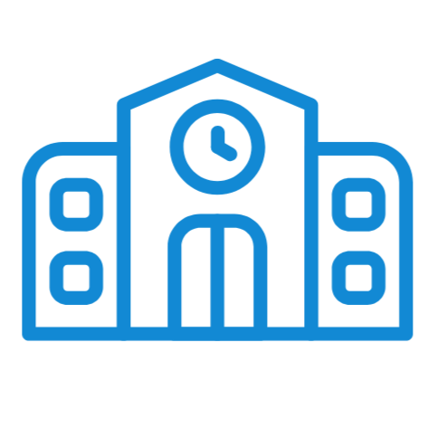 Icon of a building with a clock on top and speakers on each side