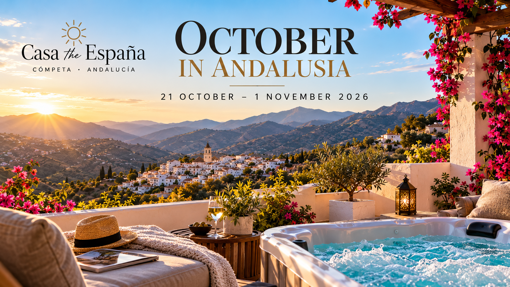 Discover Andalusia in October from Casa the España in Cómpeta. Available 21 October–1 November 2026. Mountains, Mediterranean, Málaga, Nerja, photography and a private heated Jacuzzi.