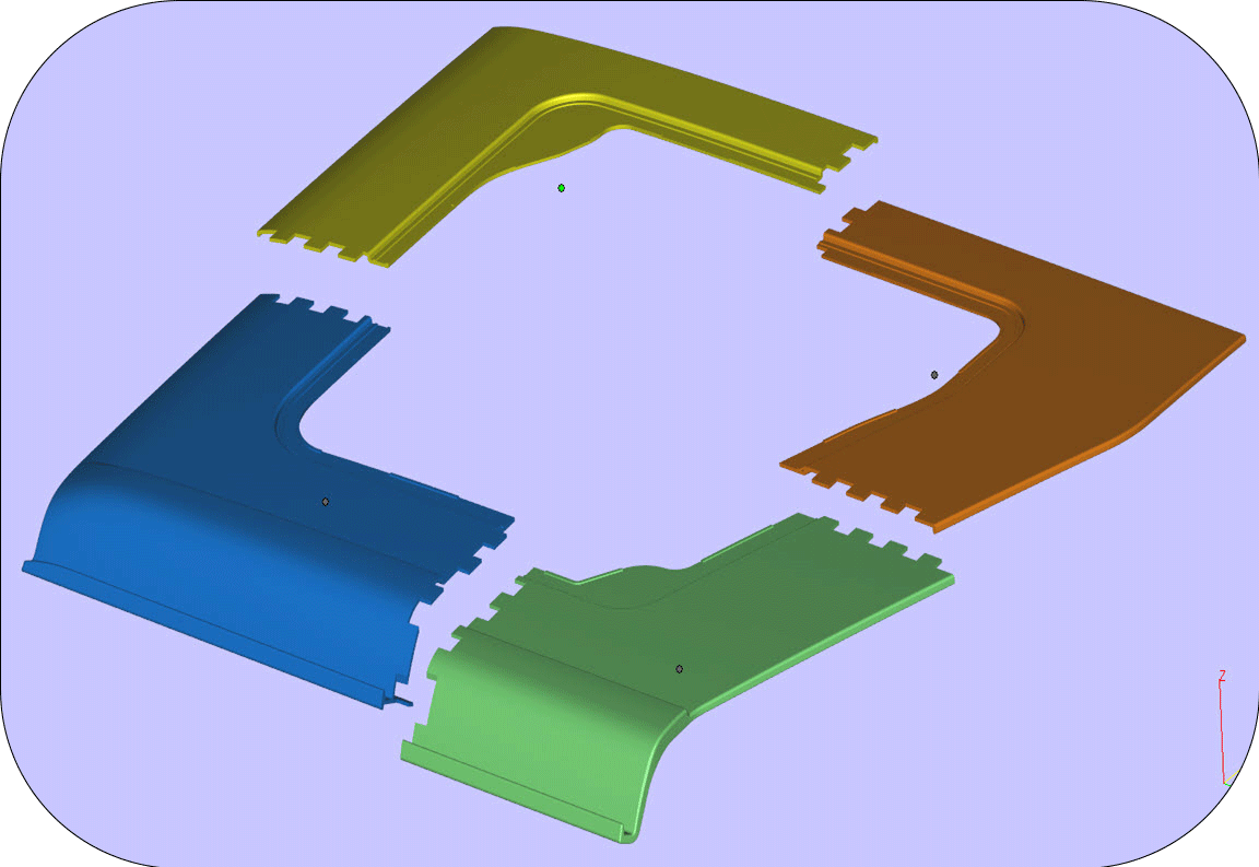 3D model of four interlocking plastic corner pieces.