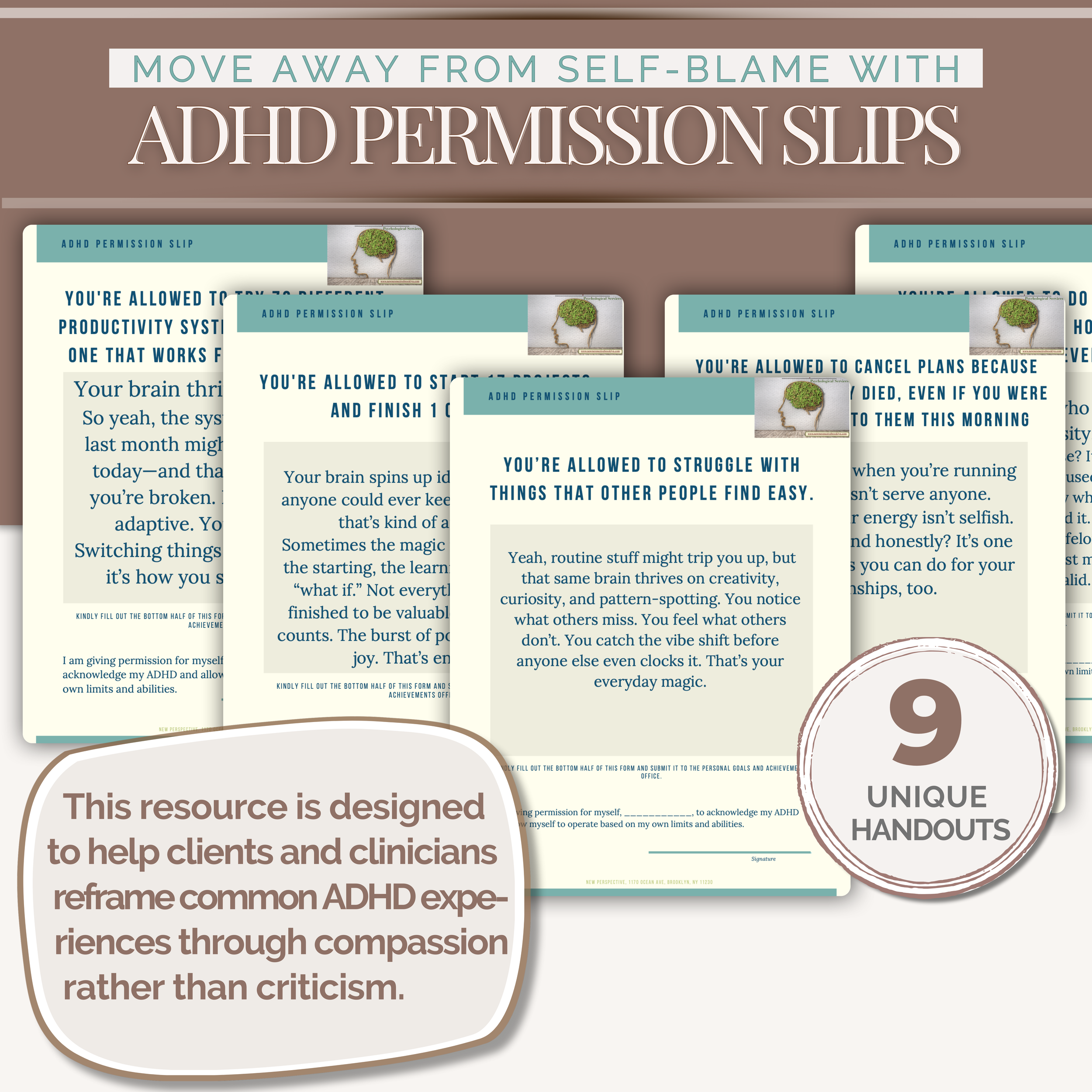  
 
 
 ADHD PERMISSION SLIPS: Give Yourself Permission to Let Go of Self-blame
 xxxxxxxx 
 
 
 
 
 Digital Download   
9 page PDF  
 $4.00 
  
Living with ADHD often means carrying quiet, chronic shame for struggling with things that “should” be easy