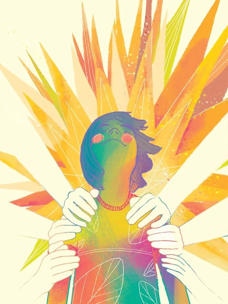 Drawing of girl with dimples looking upward while getting support from arms holding her shoulders and arms. Yellow is prominent used to show a star behind her.