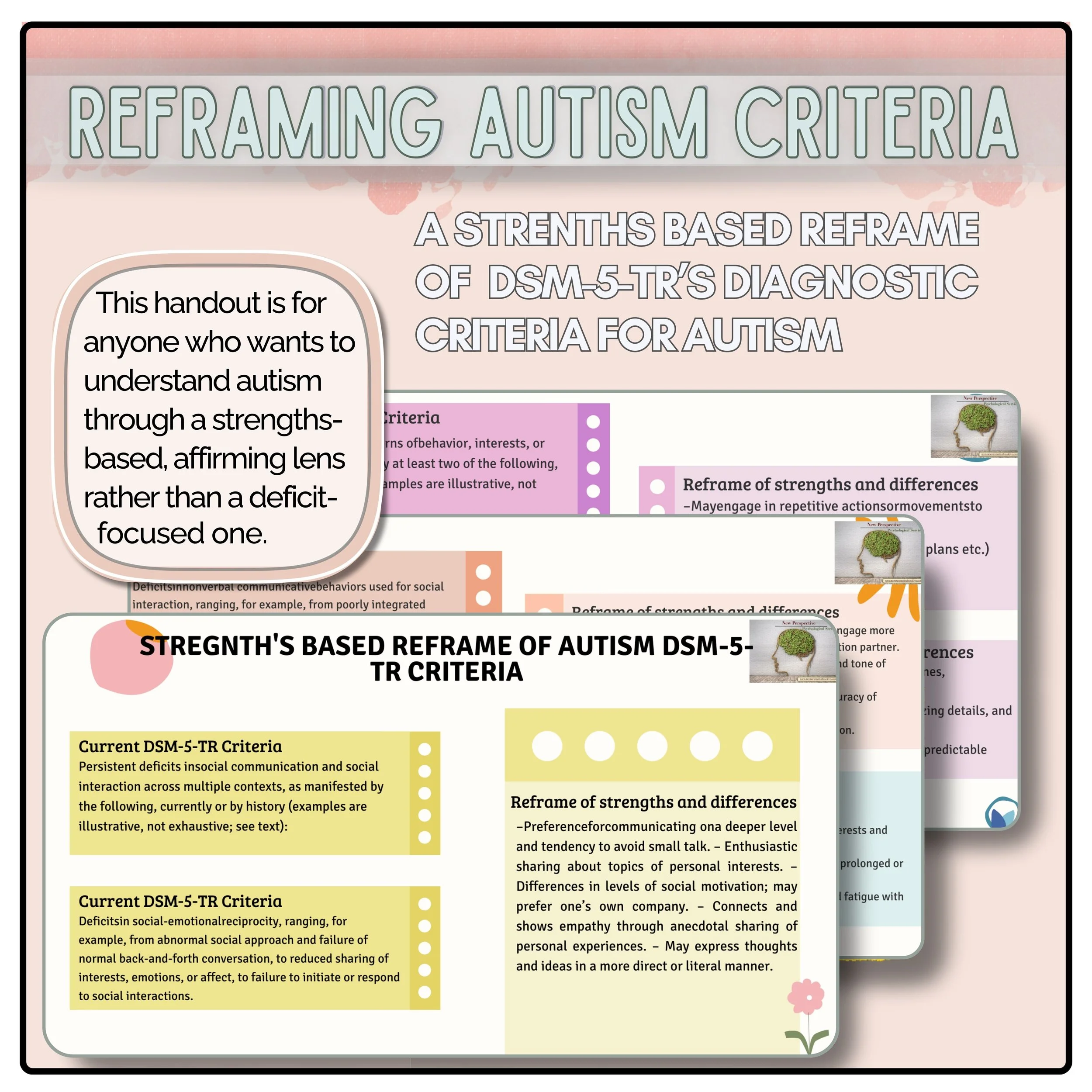  
  
 A STRENGTH BASED REFRAME OF THE DSM-5-TR DIAGNOSTIC CRITERIA FOR AUTISM
 xxxxxxxxxxxxx 
 
 
 
  Digital Download   
4 page PDF  
 $5.00 
  
This resource offers a neurodiversity affirming, strength-based reframe of the DSM-5-TR criteria for Aut