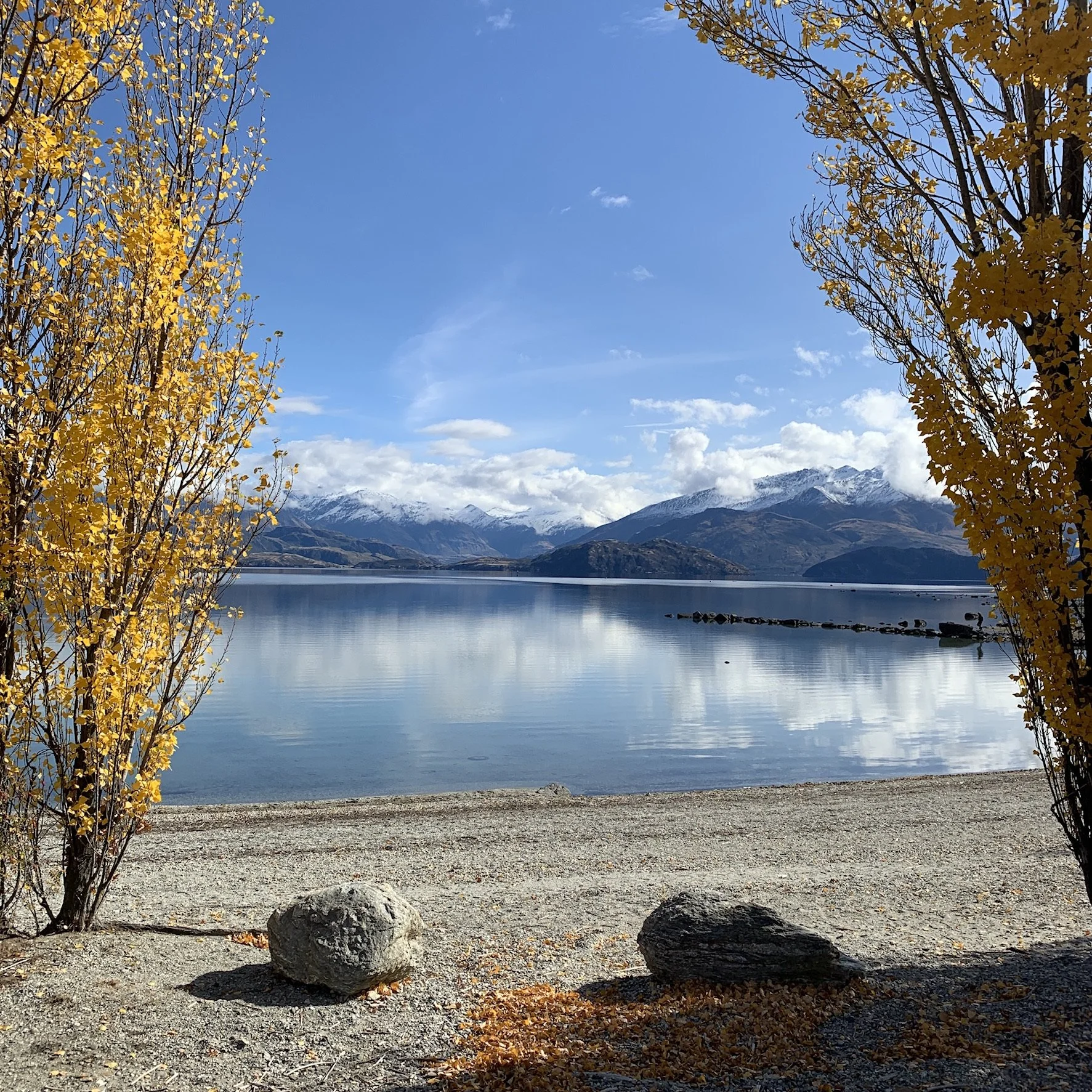 Scenic view of a lake with mountains in the background, snow-capped peaks, and a partly cloudy sky. In the foreground, there is a gravel area with large rocks and two trees with yellow and orange leaves, indicating autumn.