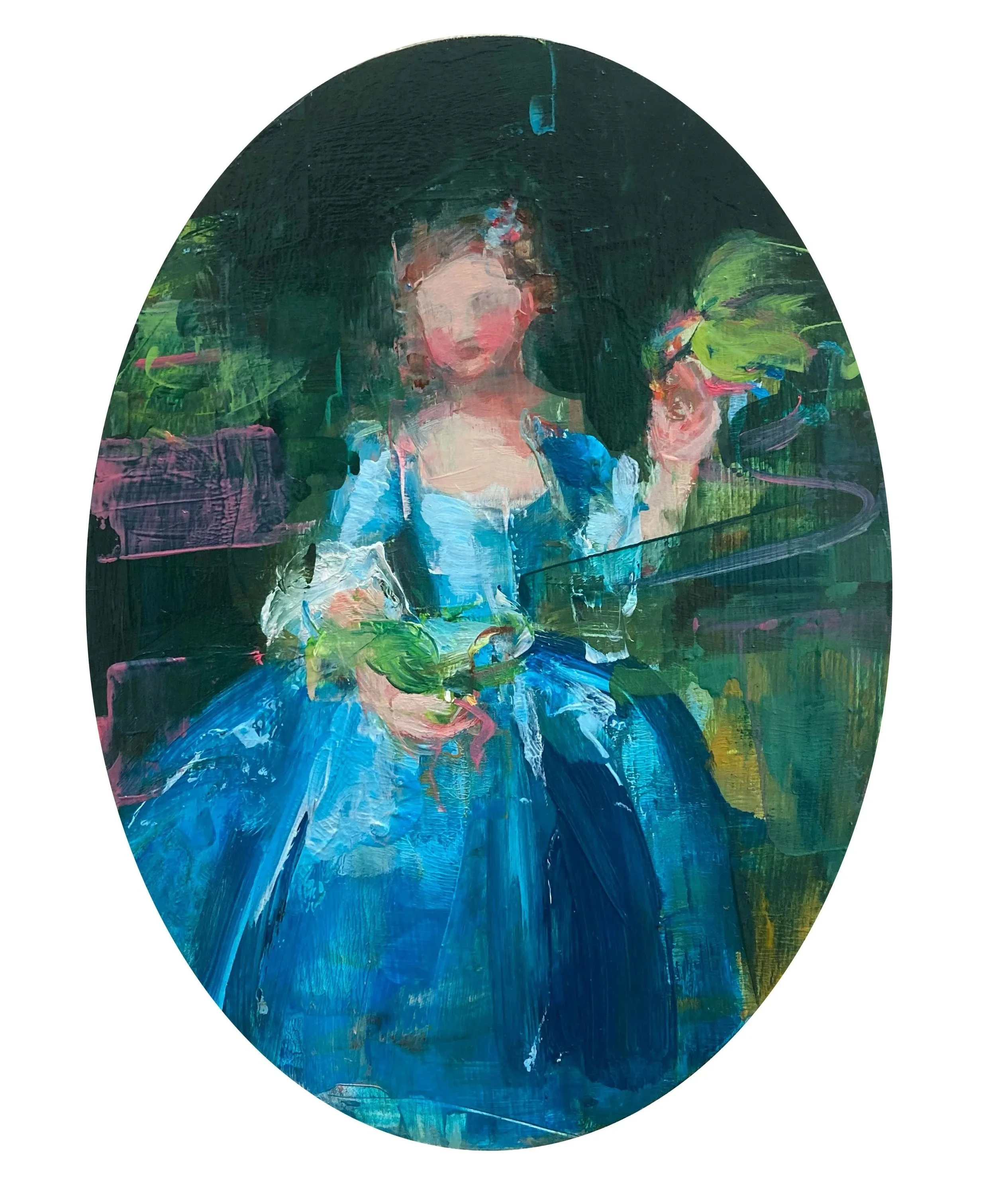 Girl with Birds, oil on wood,  4 ¾ x 6 ¾ ”