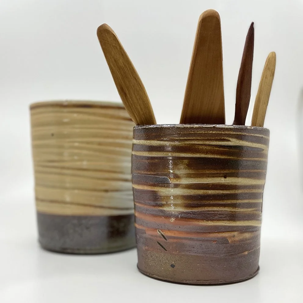 Pot with utensils15cmh x 14cmw, $80 Mustard glaze pot, 18cmh x 15cmw, $100