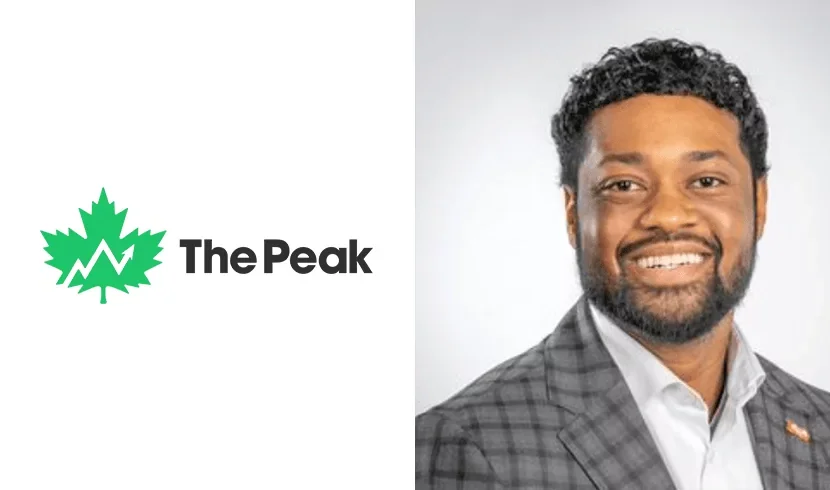 Logo of The Peak with a green maple leaf and the text "ThePeak" next to a smiling man in a suit.
