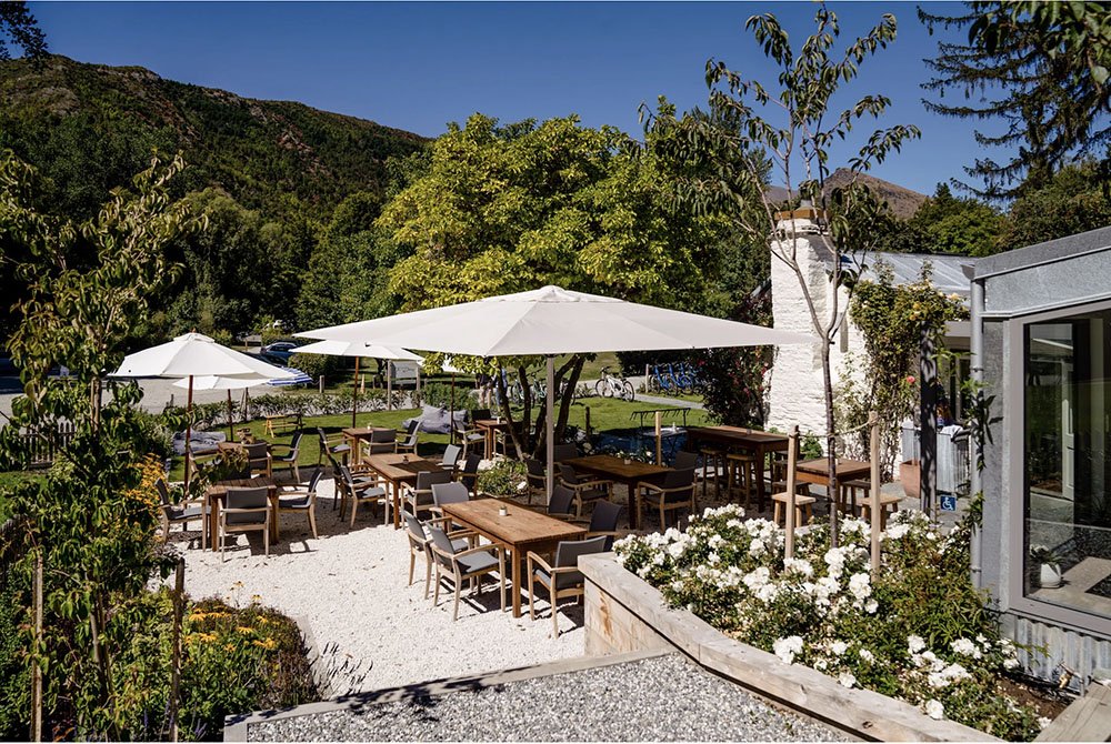 Outdoor seating with large trees