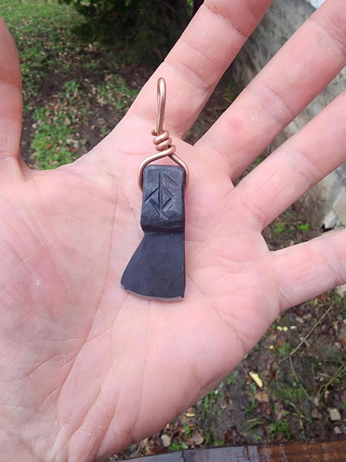 Hand-Forged Steel Axe Pendant with Copper Wire Wrap • Nordic Rune Necklace • Viking Amulet • Rustic Handmade Jewelry