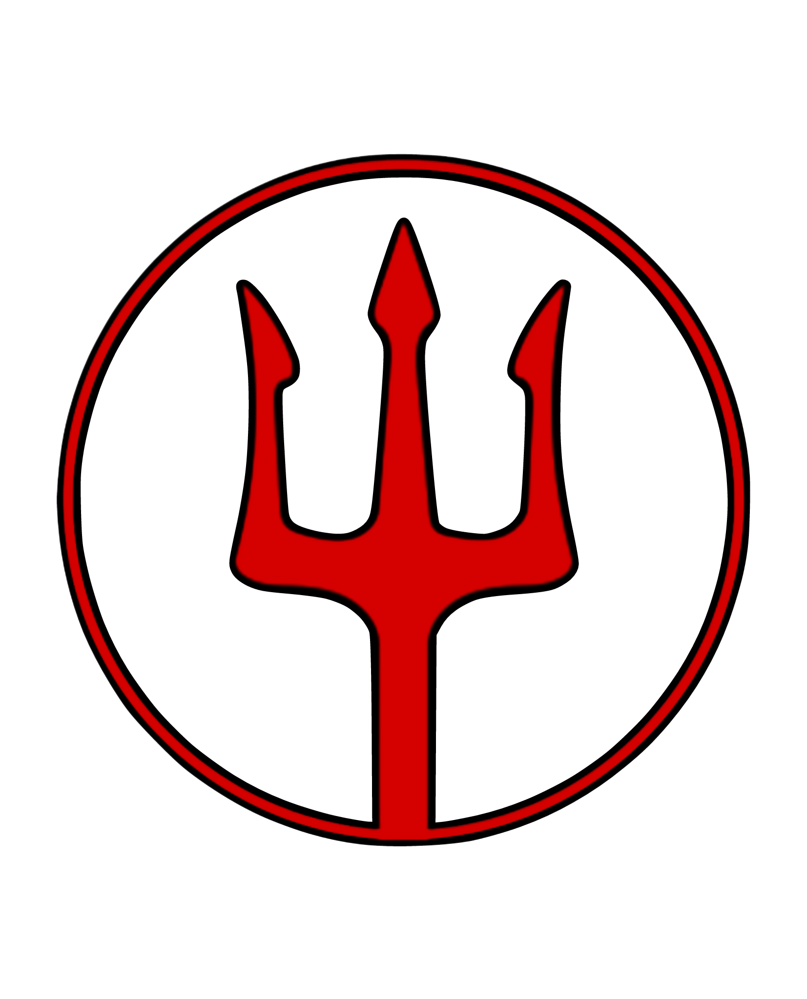 Red trident symbol in a circle with black and white background