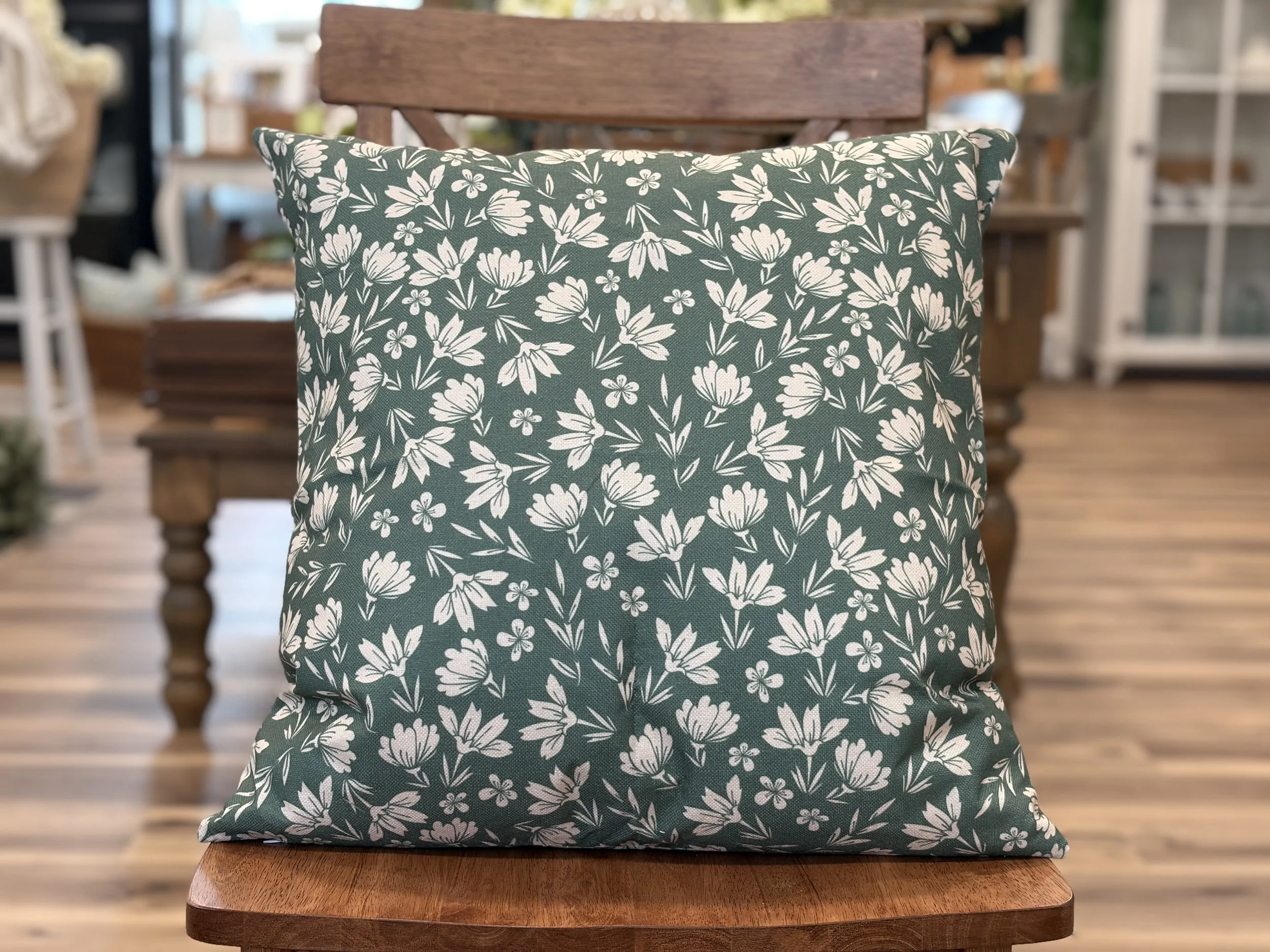 Green Floral Canvas Throw Pillow