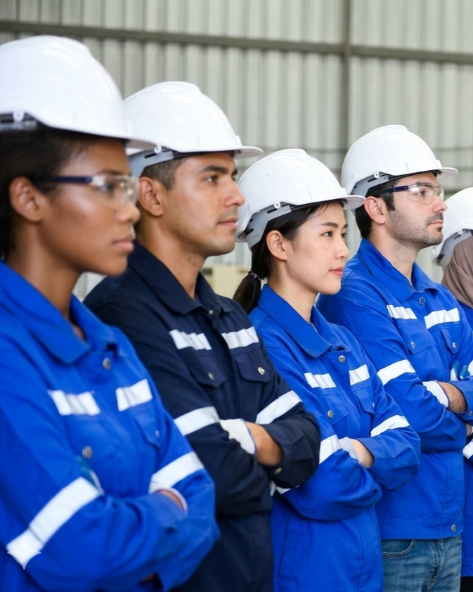 Team of workers in a line