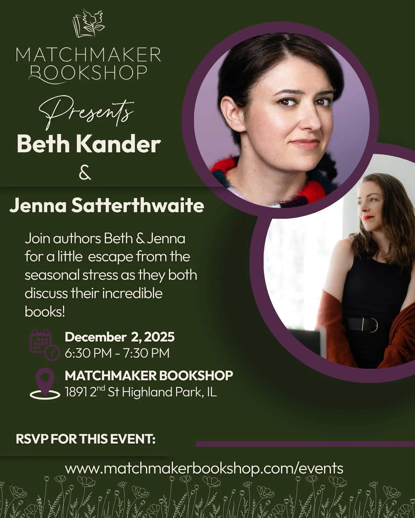 Christmas Chaos. Hanukkah Heartache. New Year&rsquo;s Eve Nightmares. 

The holidays can be a LOT.

Join us in escaping holiday stress with local authors Beth Kander (I Made it Out of Clay) and Jenna Satterthwaite (The New Year&rsquo;s Party) as they
