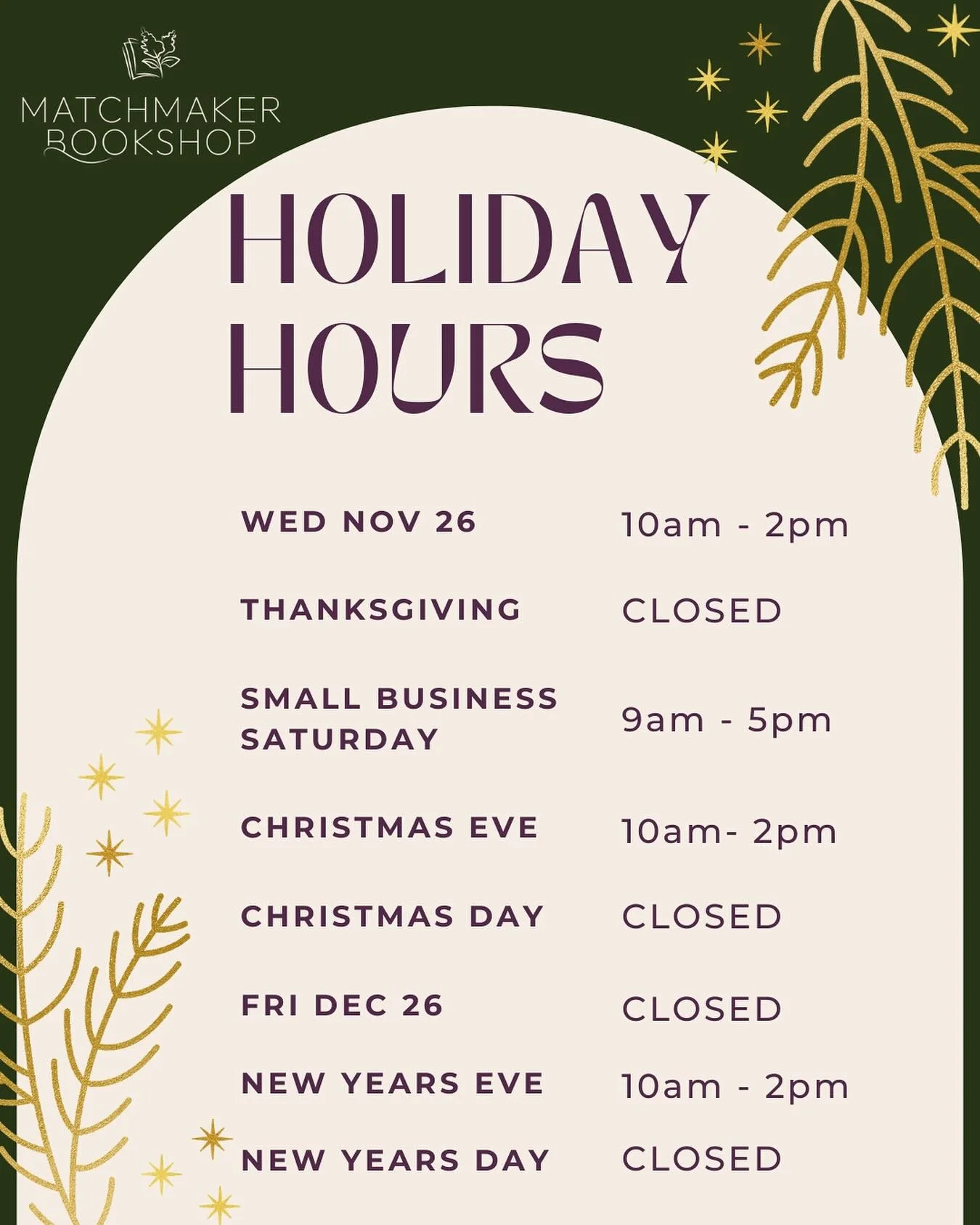 If you were wondering what holiday hours would look like at Matchmaker, here you go! We are opening an hour early for Small Business Saturday and closing early a few days throughout the season! Any changes will be posted on our socials as well as on 