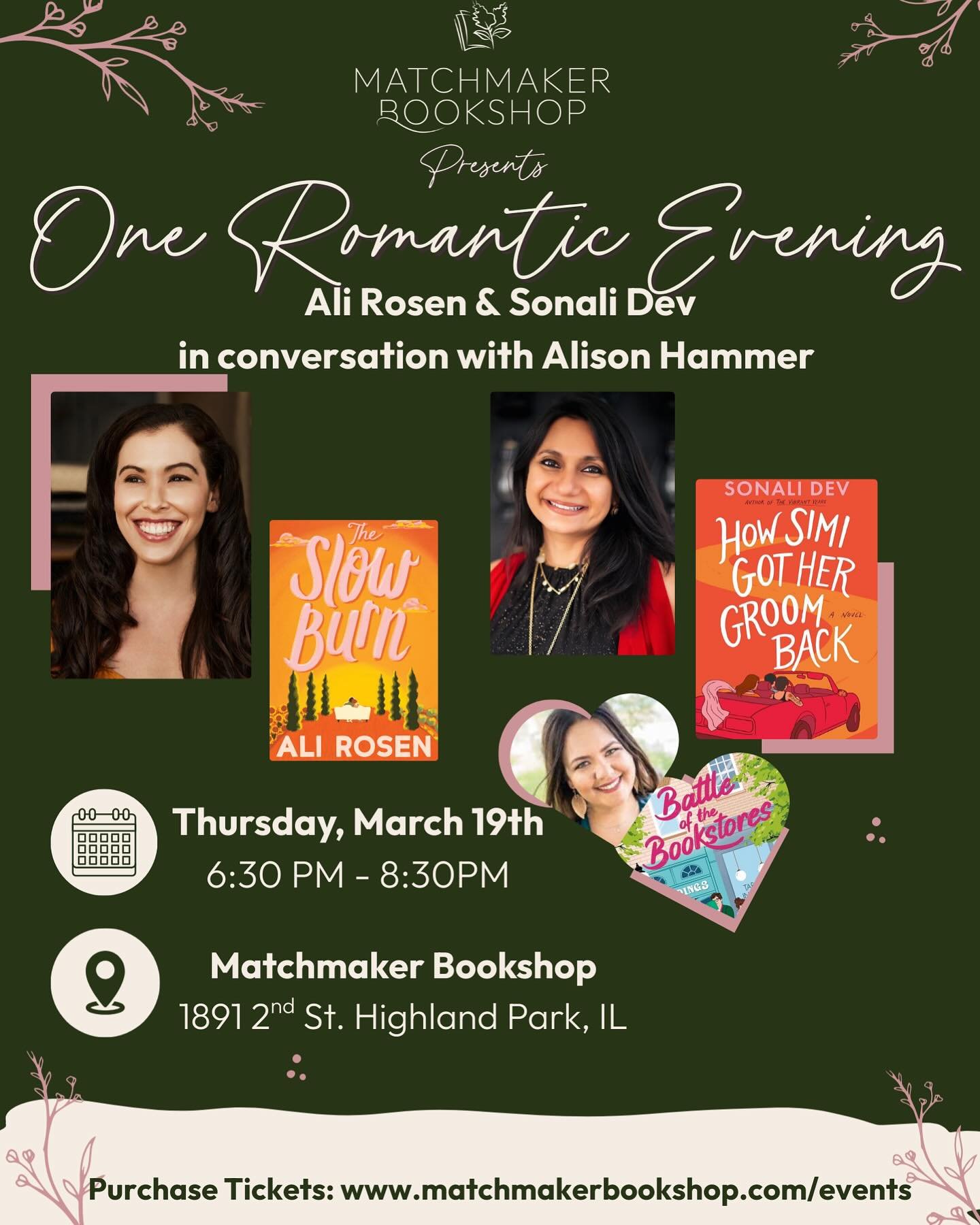 Join us in welcoming three incredible Romance authors! @ali_rosen (The Slow Burn) and @sonali.dev (How Simi Got Her Groom Back) in conversation with one half of the writing duo that make up @alibradybooks , @thishammer . Tickets to this event include