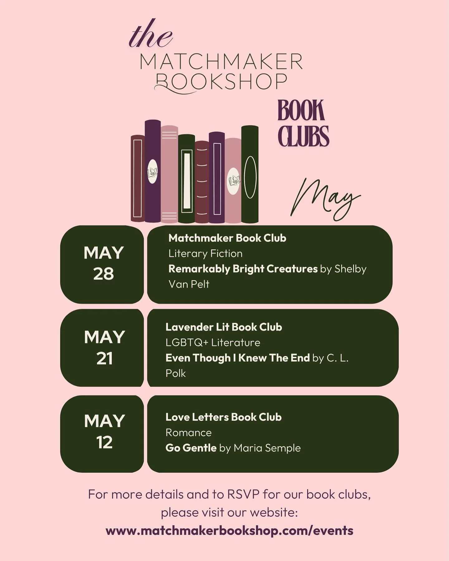 Ever considered joining a book club? This is what we&rsquo;re reading and discussing for May at Matchmaker! Head to the link in our bio to RSVP and check out all of our upcoming events. ☺️✨📚

#bookclub #bookstorebookclub #indiebookstore #independent