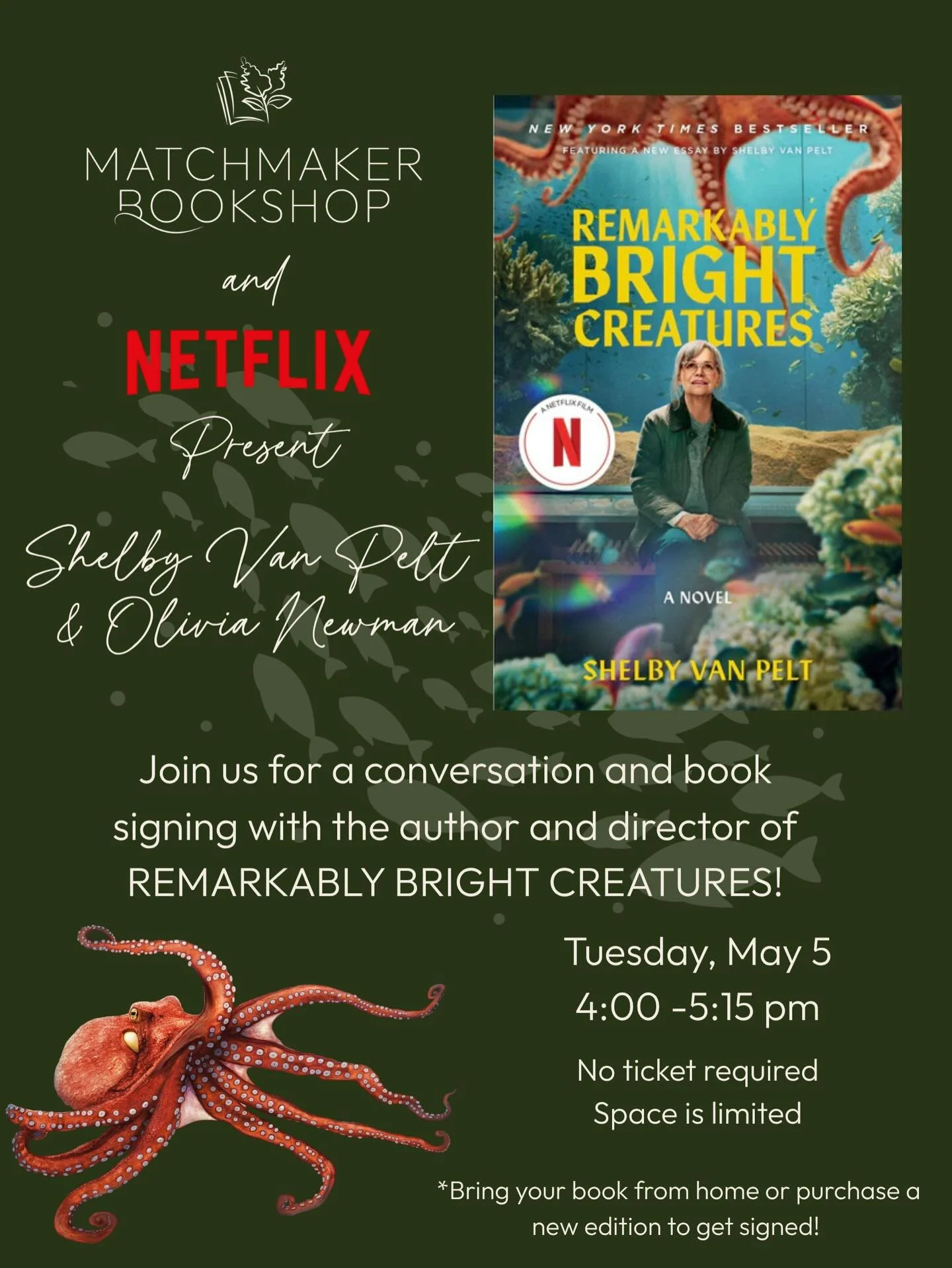 We couldn&rsquo;t be more excited to announce that @shelbyvanpeltwrites, author of massive hit novel Remarkably Bright Creatures, and @livinewman, director of the upcoming Netflix adaptation, are coming to Matchmaker on May 5! They will discuss book 