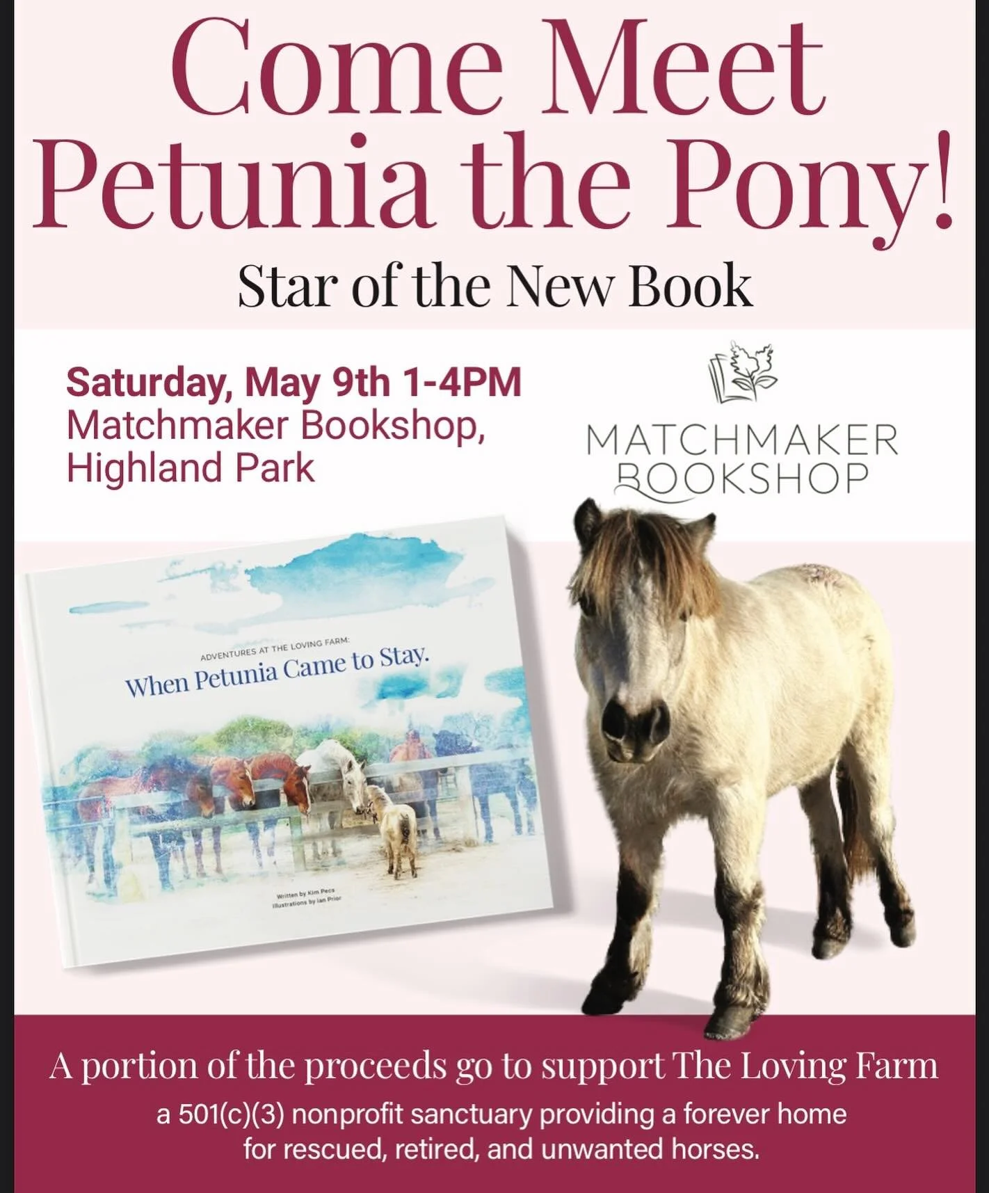 This Saturday from 1pm-4pm don&rsquo;t miss out on the opportunity to meet Petunia the Pony at Matchmaker! We&rsquo;ll have copies of the book all about @thelovingfarm and photos with Petunia! See you Saturday 🐴📚✨