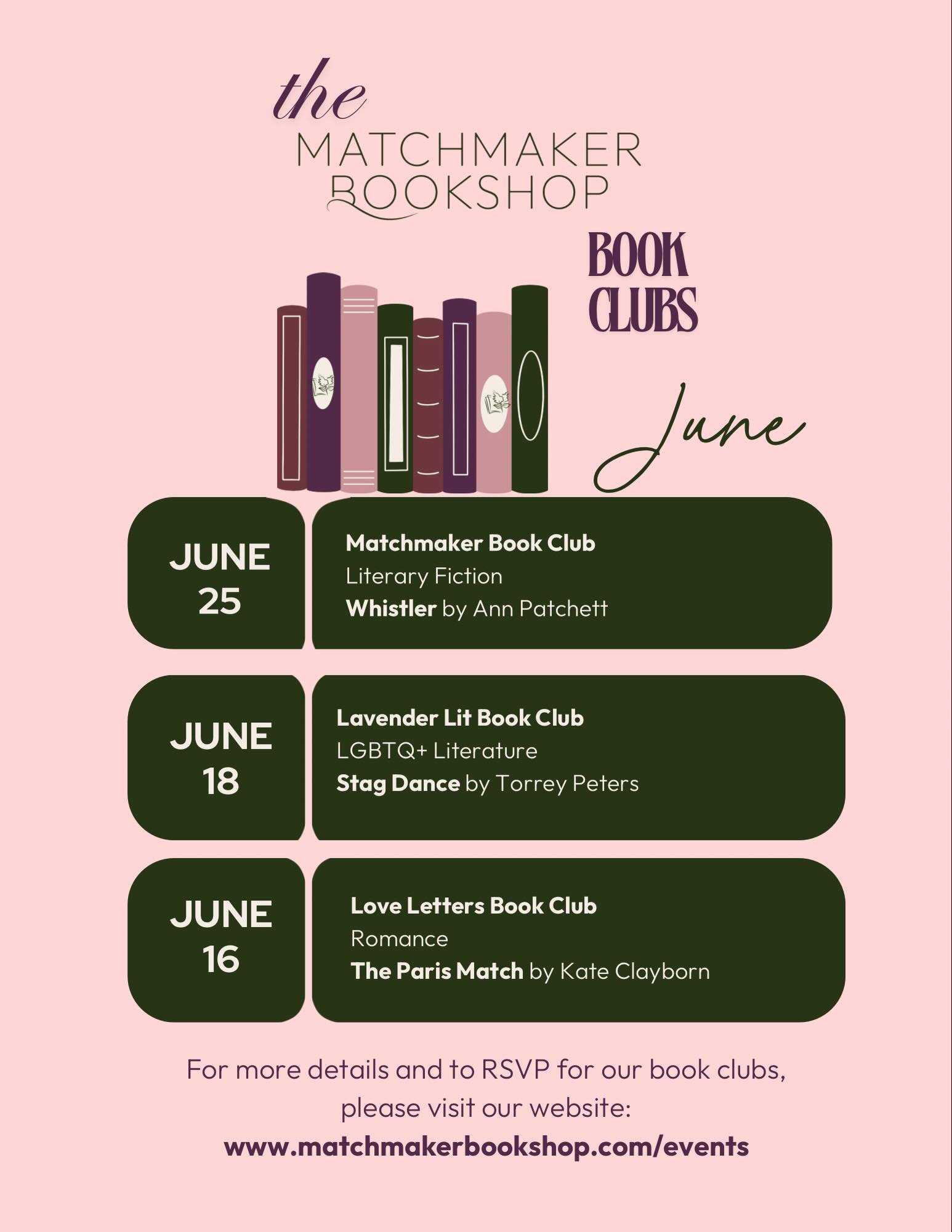 A new month means new book club selections! Head to the link in our bio to RSVP for book club. 📚✨

*please note that Love Letters will be meeting on a different day this month due to a scheduling conflict!