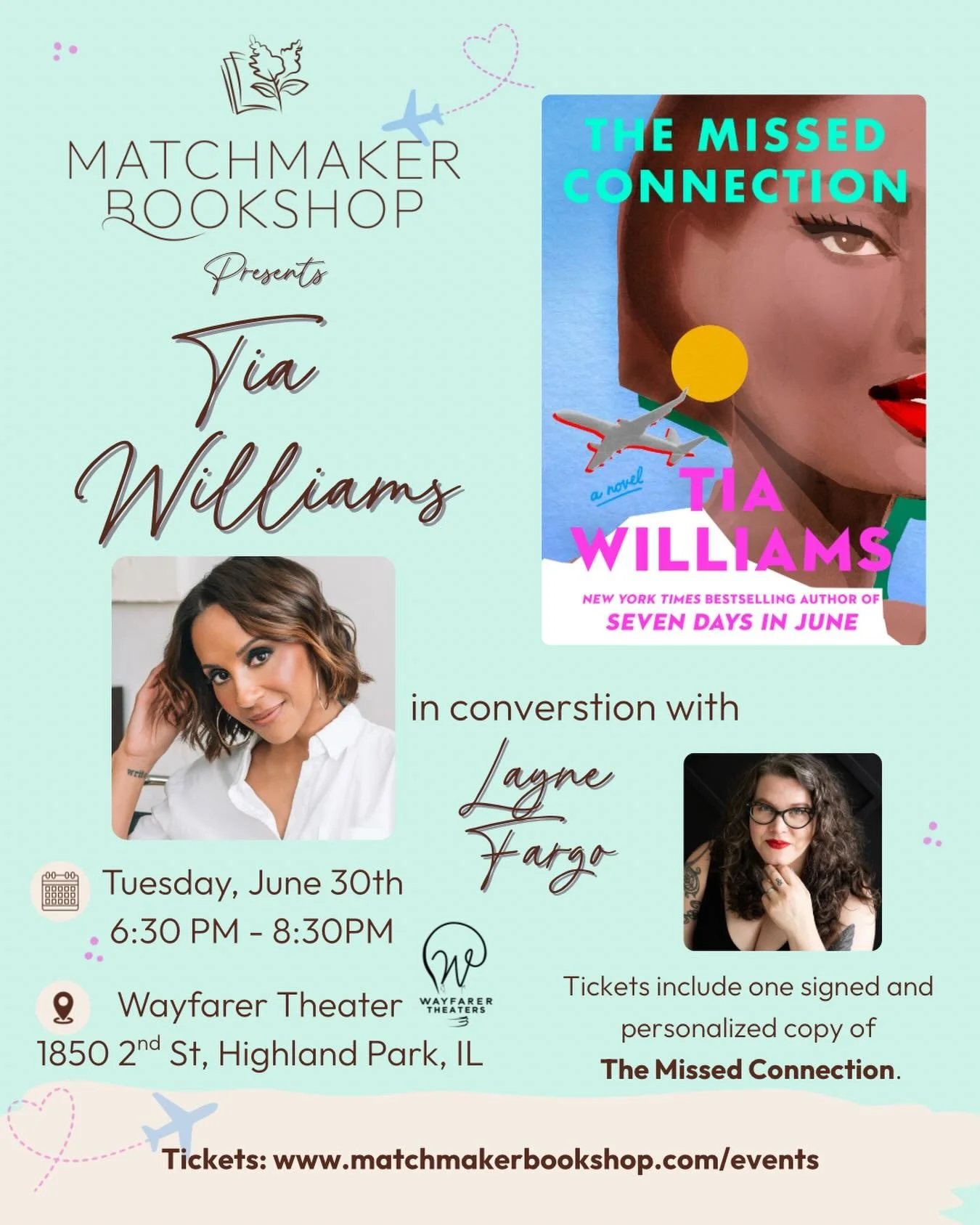@tiawilliamswrites will be at Matchmaker on June 30th to celebrate the release of THE MISSED CONNECTION! Join us for her in conversation with @laynefargo at The Wayfarer Theater across the street from the shop. Head to the link in our bio for tickets