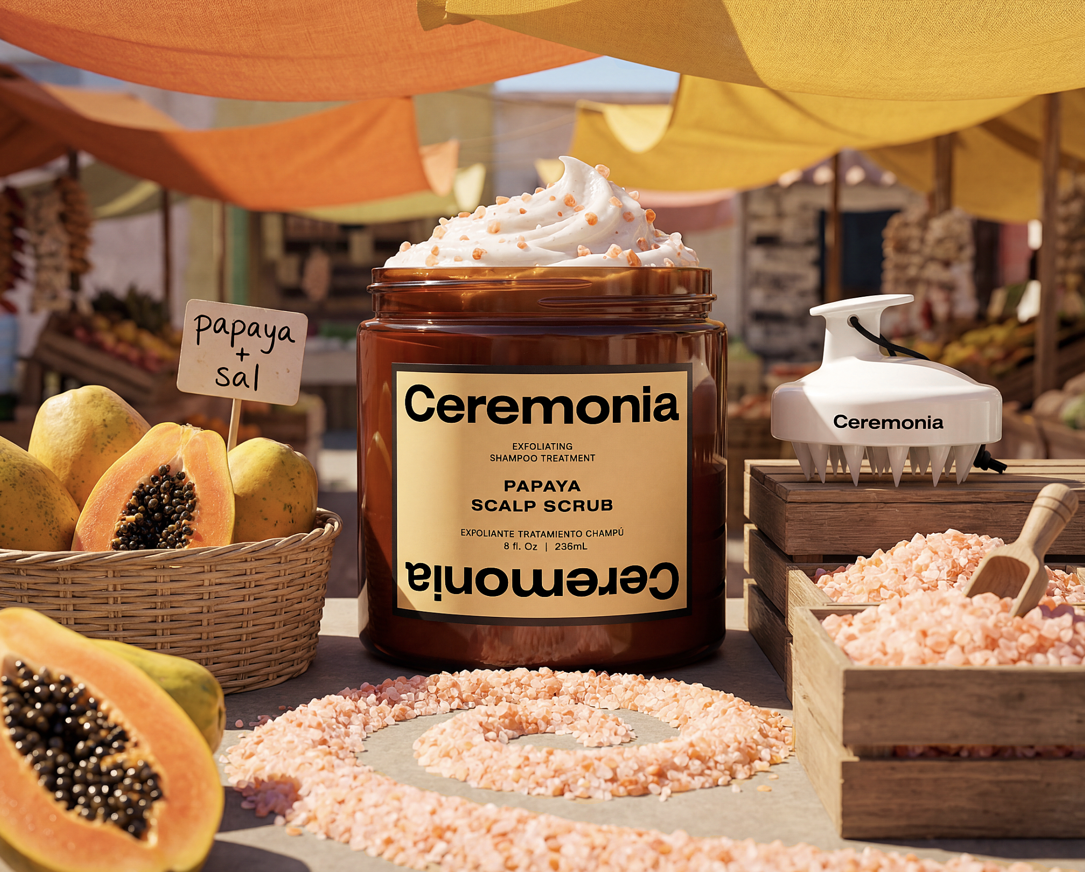 ceremonia-papaya-scalp-scrub-fresh-fruit-basket-ai-product-photography-brooklyn.png