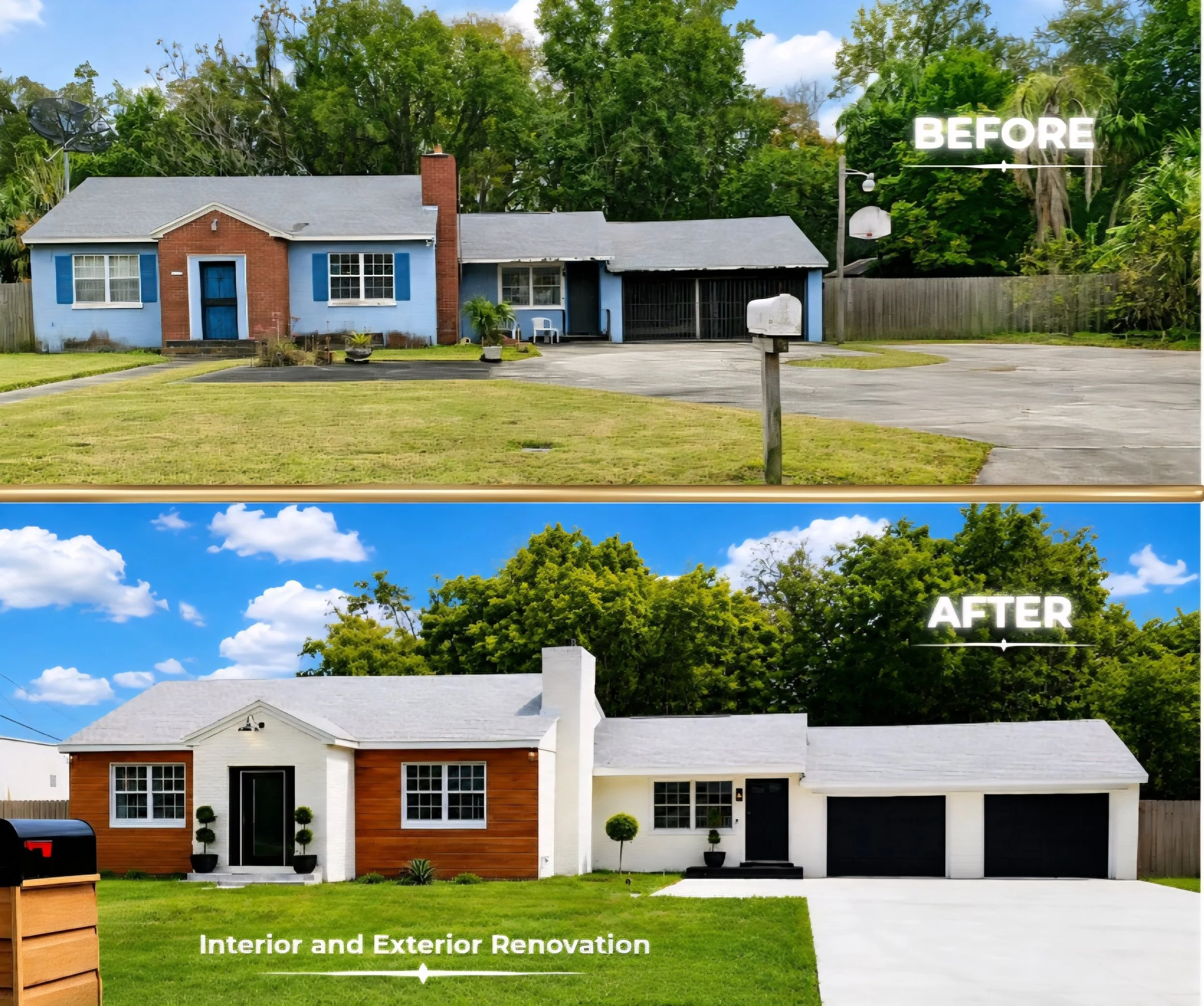 Before and after images of a house showing interior and exterior renovation, with the house having a brown and white exterior, a well-maintained front yard, and a clear sky.