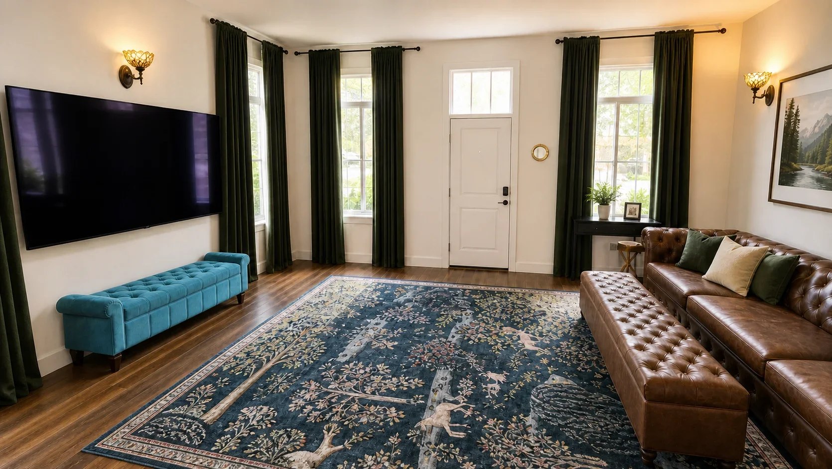 Living room with a large flat-screen TV on a white wall, dark green curtains, a brown leather sofa with pillows, a blue tufted bench, a patterned area rug, a small side table, and framed artwork.