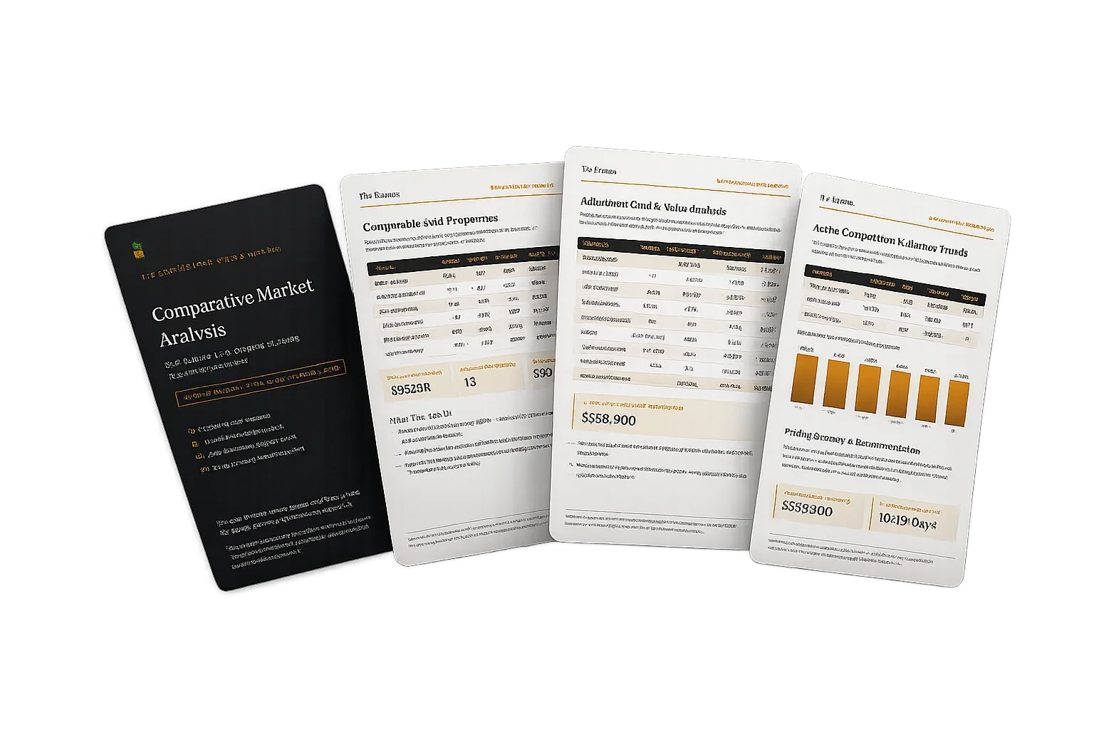 Digital tablets displaying financial reports and market analysis graphs with data tables and bar charts.