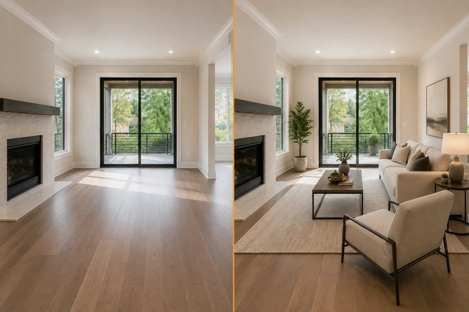 Comparison of two images of the same room: the left shows an empty living room with a fireplace, large window, and balcony door; the right shows the same room furnished with a beige couch, armchair, coffee table, plants, and artwork.