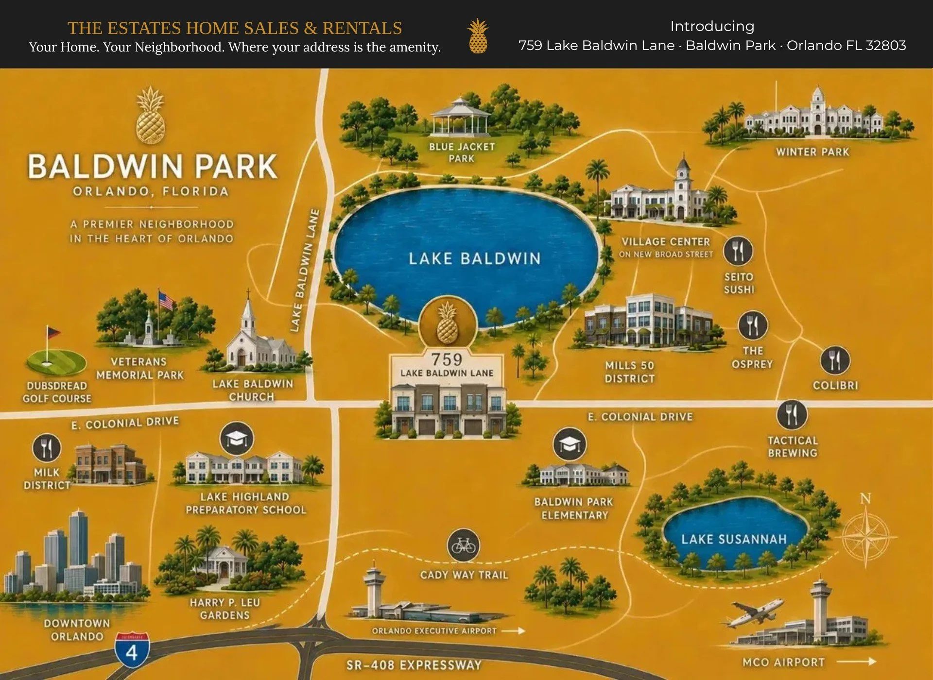 Map of Baldwin Park, Florida highlighting local parks, schools, neighborhoods, lakes, and landmarks such as Lake Baldwin, Lake Susannah, and Orlando Executive Airport, with icons indicating dining, shopping, and recreational spots.