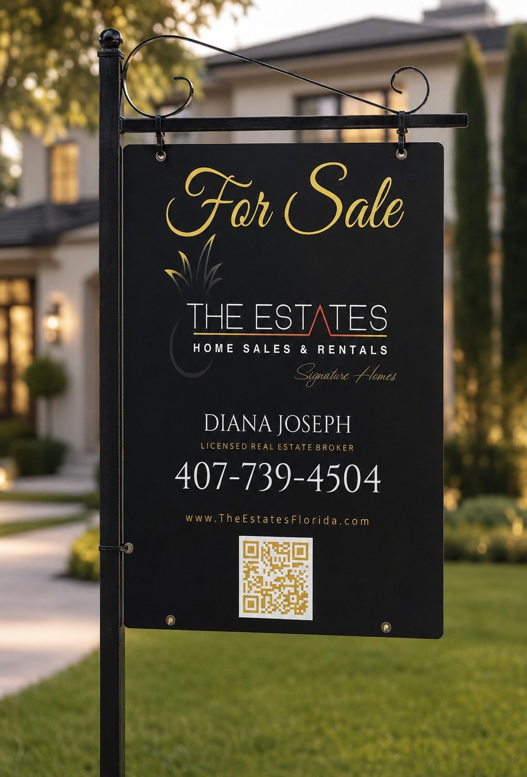 Sign in front yard advertising home for sale by The Estates, featuring contact info for real estate agent Diana Joseph and a QR code.