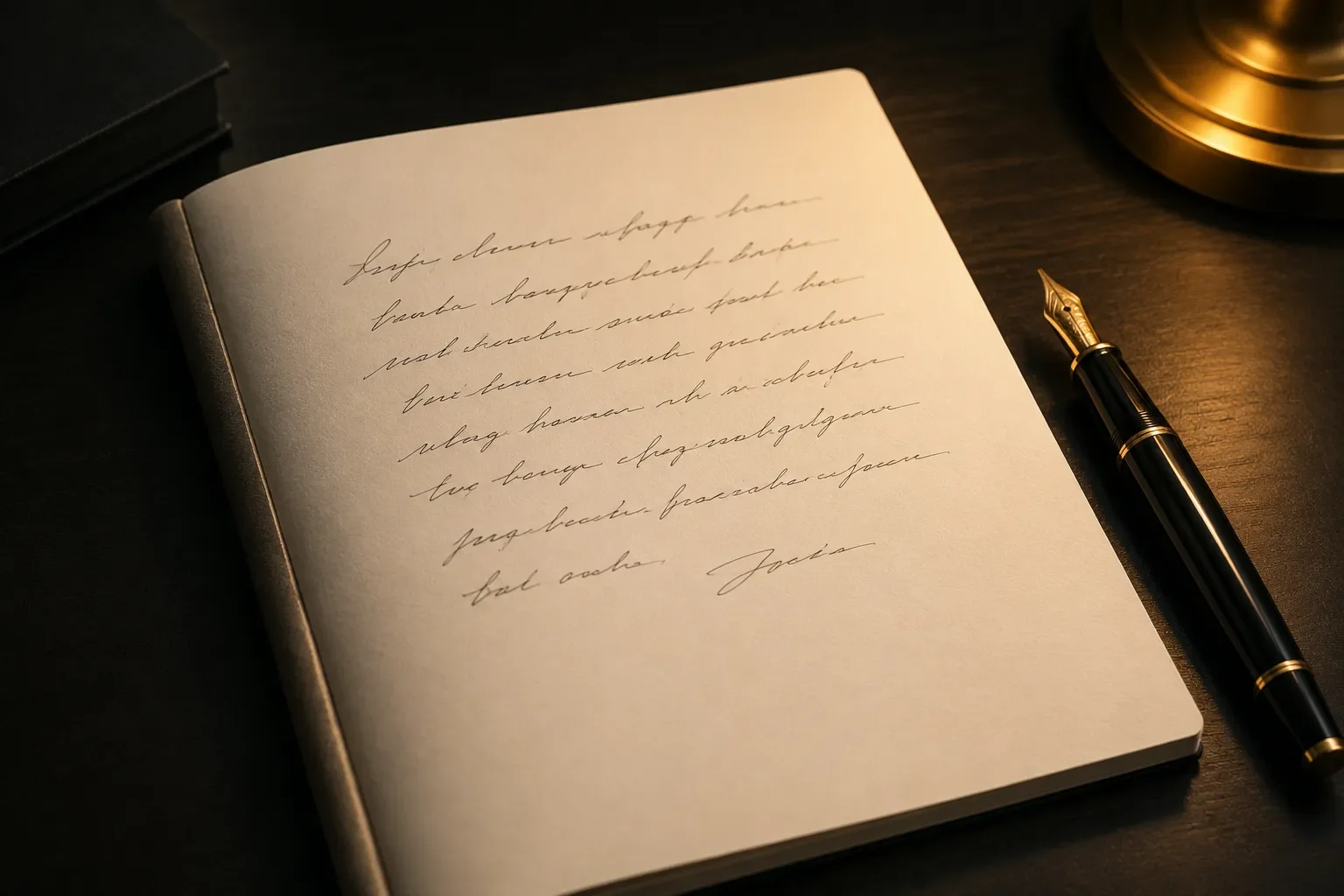 Open notebook with handwritten cursive notes, a black and gold fountain pen beside it, on a dark wooden desk, with a gold-colored lamp in the background.