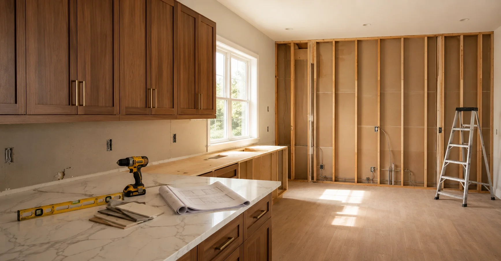 Kitchen under renovation with wooden cabinets, a marble countertop, a window, construction tools, and an unfinished wall with exposed wooden framing.