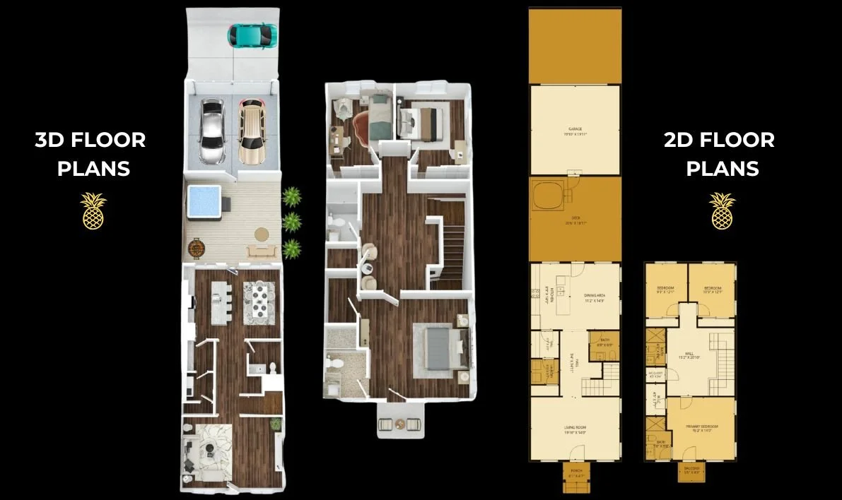 Comparison of 3D and 2D floor plans for a multi-story house, showing garage, living areas, bedrooms, bathrooms, and outdoor spaces.
