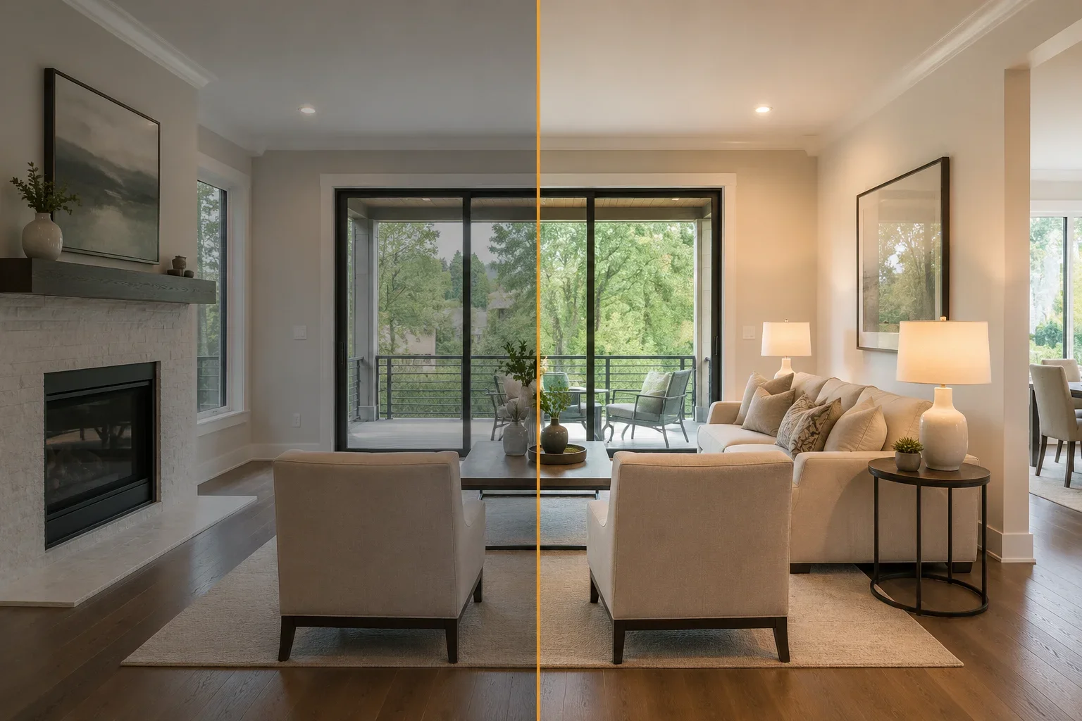 Living room with furniture, fireplace, and sliding glass doors leading to a balcony; split view showing before and after lighting adjustment