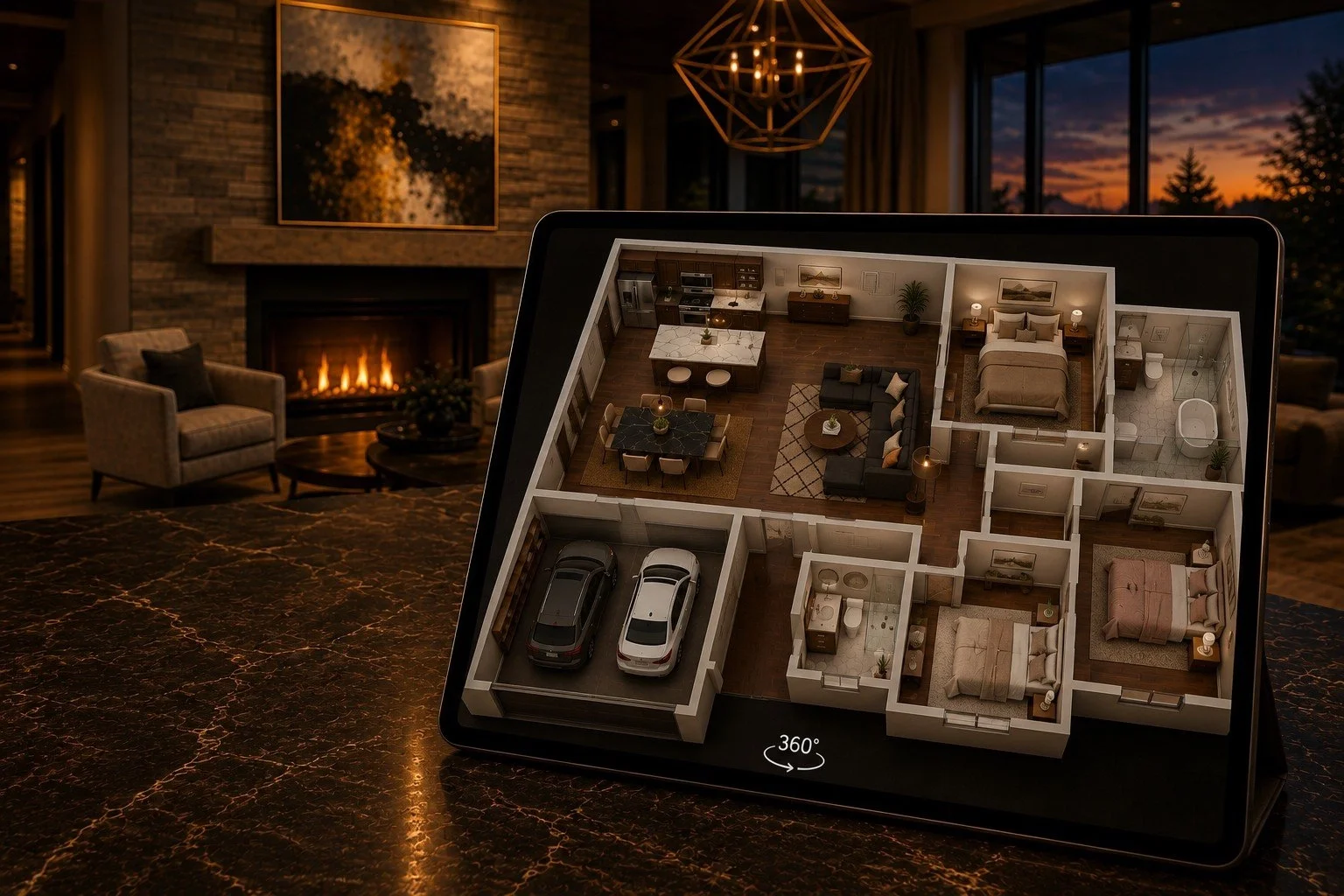 Tablet displaying a 3D floor plan of a house, with living room, bedrooms, bathrooms, and garage, inside a living room with a fireplace and a sunset view through the windows.