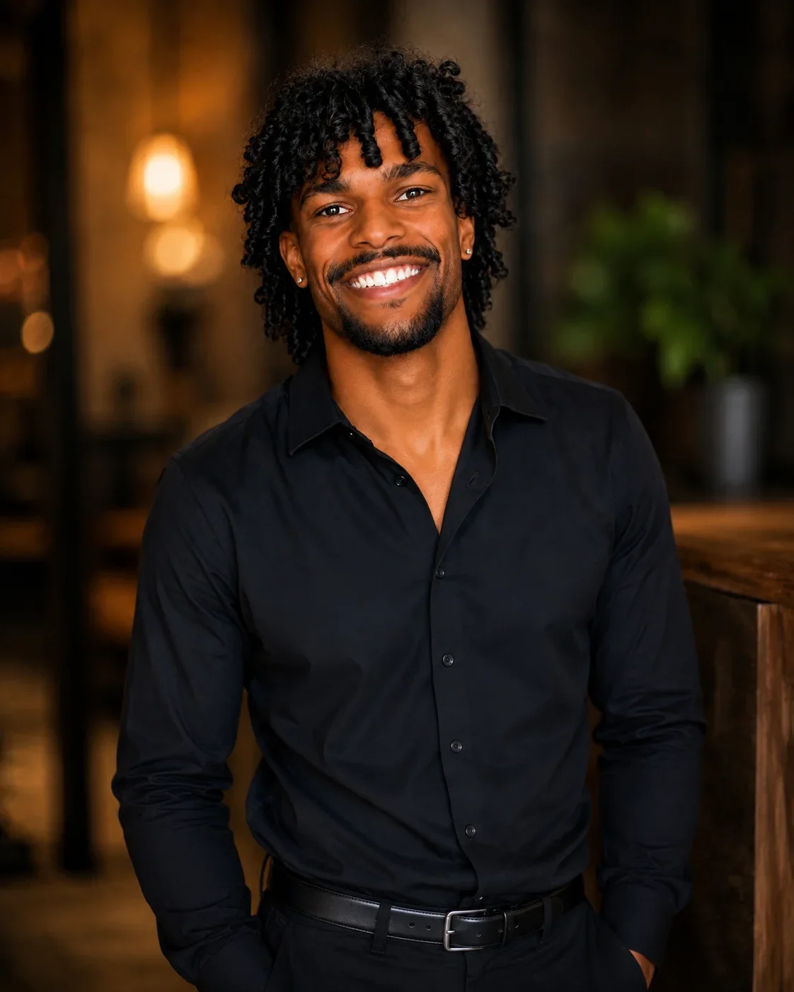 Portrait of a smiling man with curly black hair, wearing a black dress shirt, standing indoors with warm lighting and blurred background.