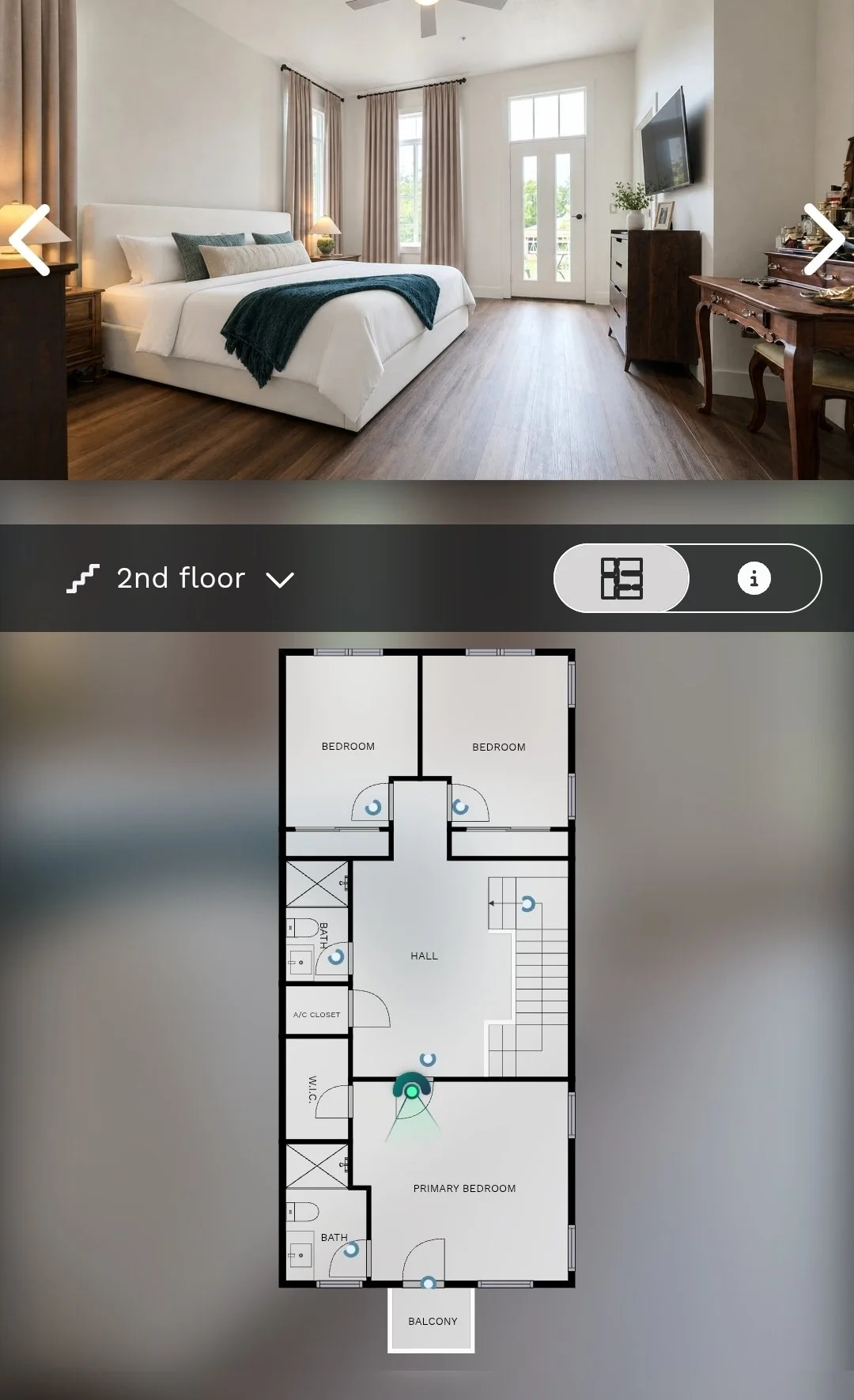 Photo of a bedroom with a white bed, wooden nightstands, and a flat-screen TV, with a floor plan of the second floor of a house below.