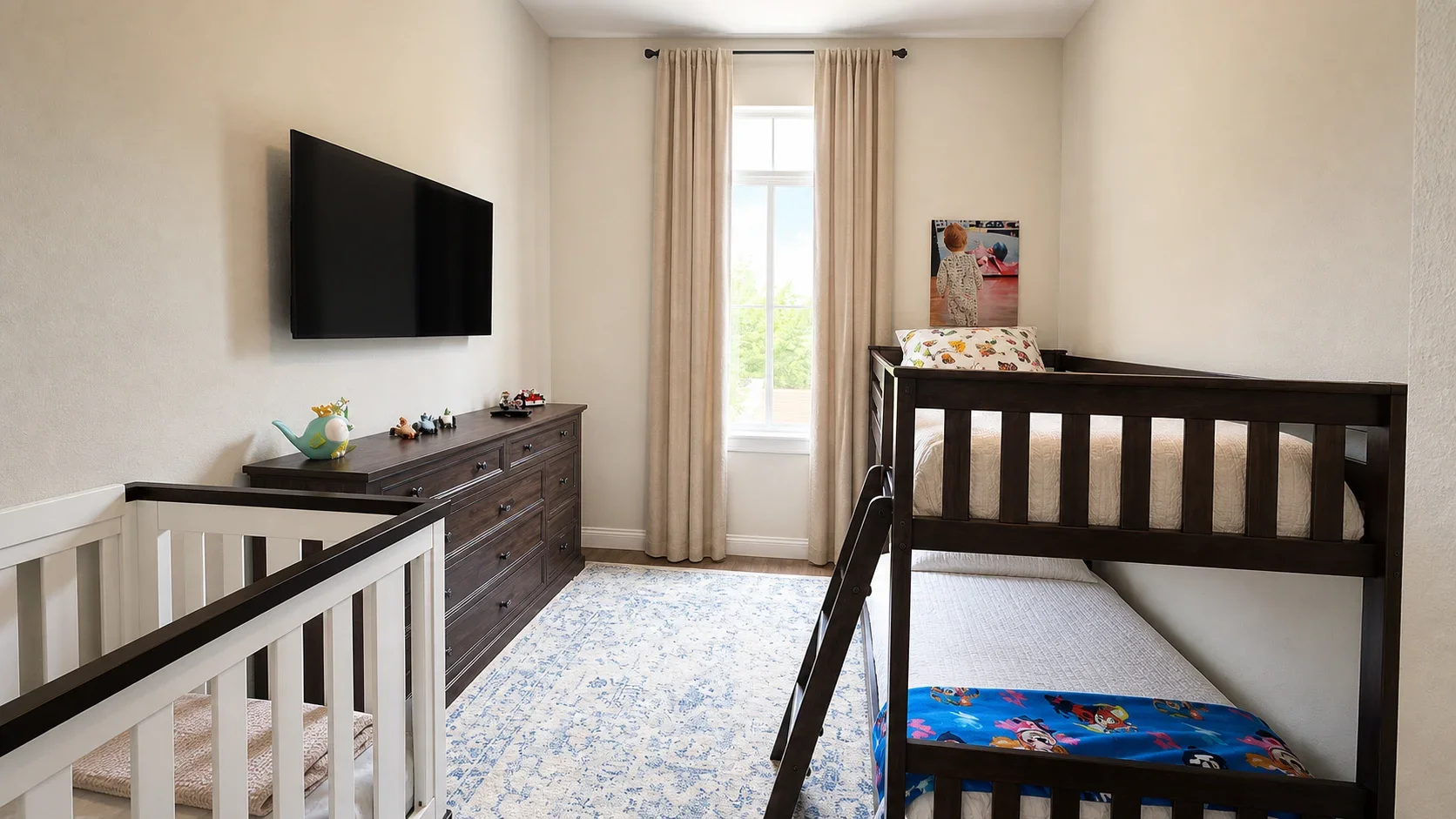 A bedroom with a window, beige curtains, a dark wood bunk bed, a white crib, a dark wood dresser with toys, a mounted flat-screen TV, a colorful rug, and a picture of a child playing.