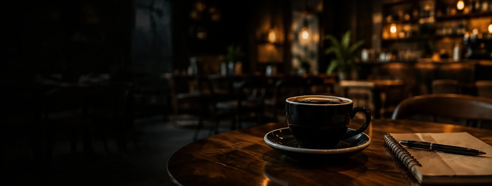 A black coffee cup on a saucer, a spiral notepad, and a pen on a wooden table inside a dimly lit cafe with warm lighting and blurred background.