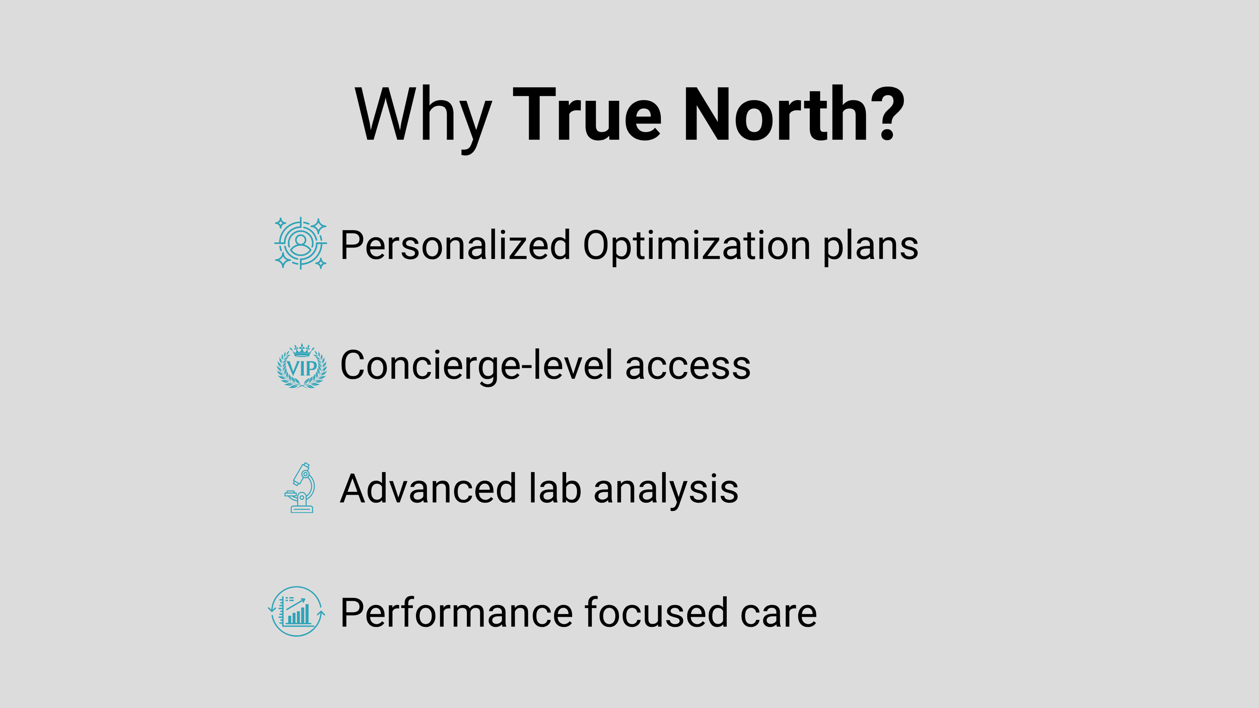 A presentation slide titled 'Why True North?' listing four benefits with icons: Personalized Optimization plans, Concierge-level access, Advanced lab analysis, and Performance focused care.