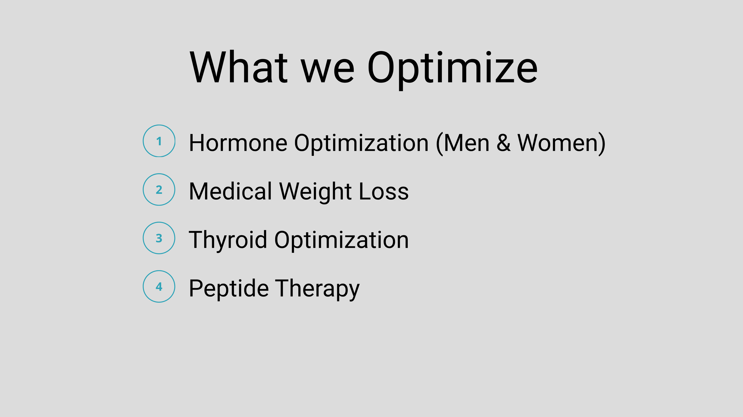 Slide titled 'What we Optimize' listing four points: 1) Hormone Optimization (Men & Women), 2) Medical Weight Loss, 3) Thyroid Optimization, 4) Peptide Therapy.