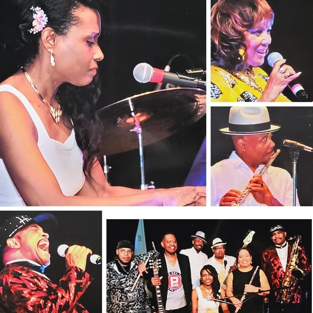 Group of musicians performing on stage, including a woman playing the piano, a woman singing into a microphone, a man playing a flute, a man singing passionately into a microphone, and a group of people posing with musical instruments and microphones.