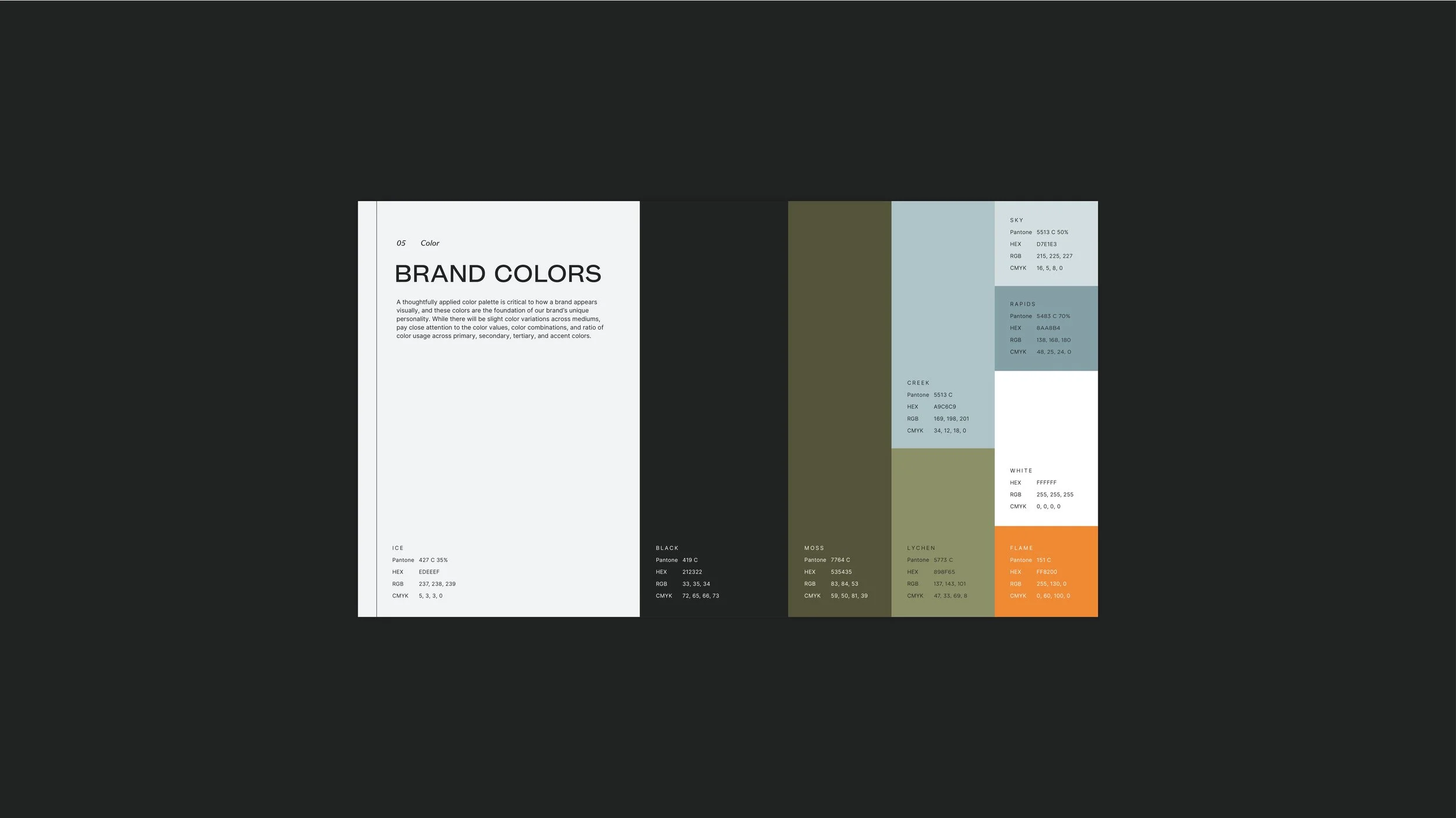 Color palette chart titled 'Brand Colors' with sections for black, white, ice, moss, creek, rapids, lychen, flame, and other colors, each showing RGB, HEX, and CMYK values.