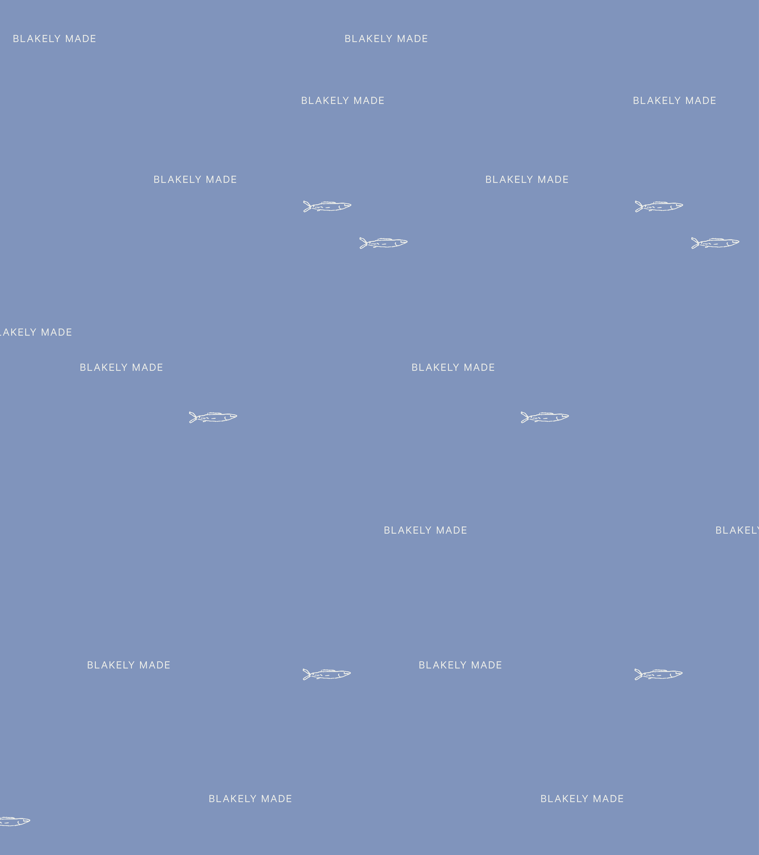 Pattern of small fish outlines and the text "BLAKELY MADE" on a blue background.