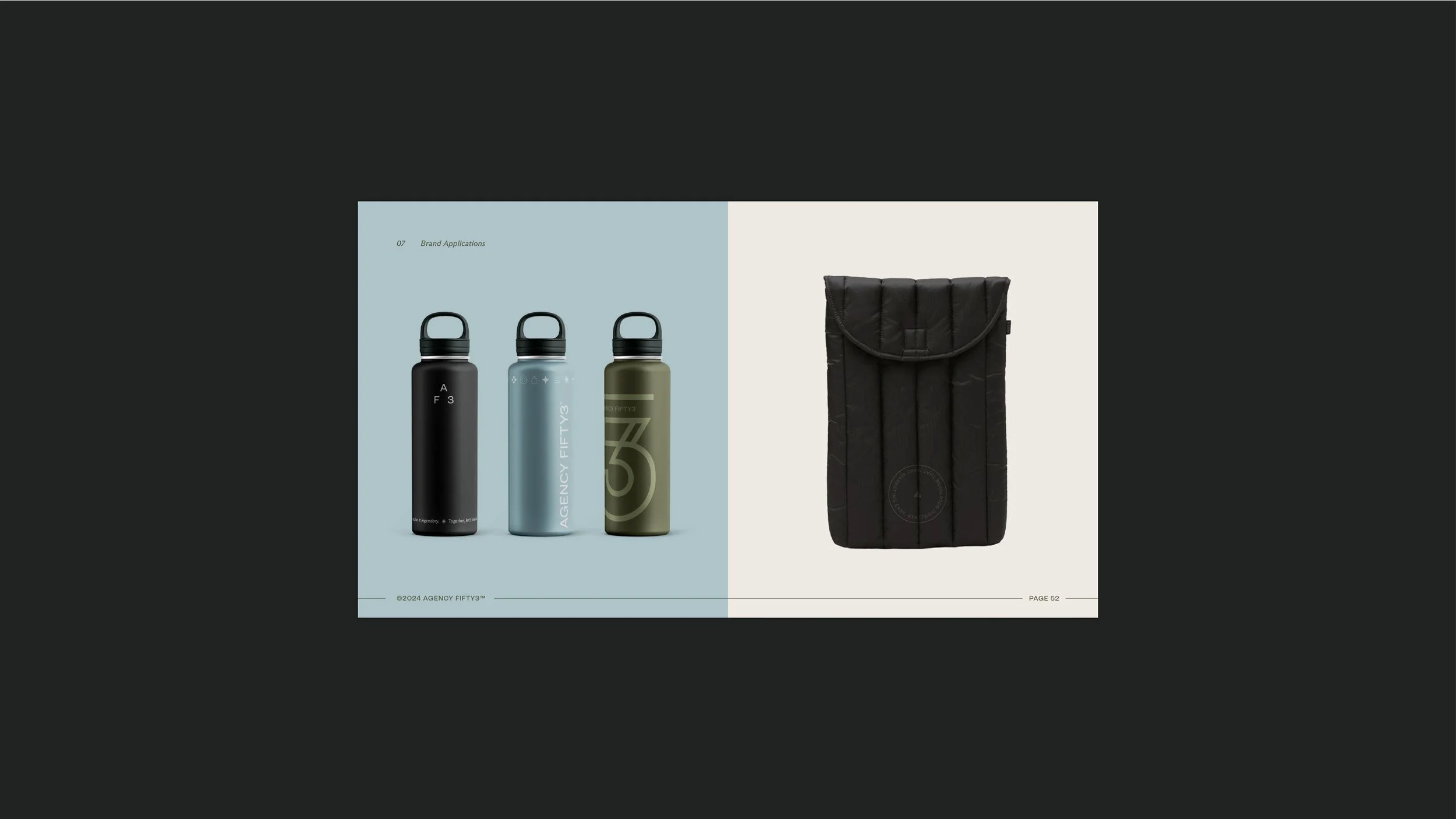 A catalog spread showing three reusable water bottles on the left with a blue, black, and green color, and a black padded backpack on the right.