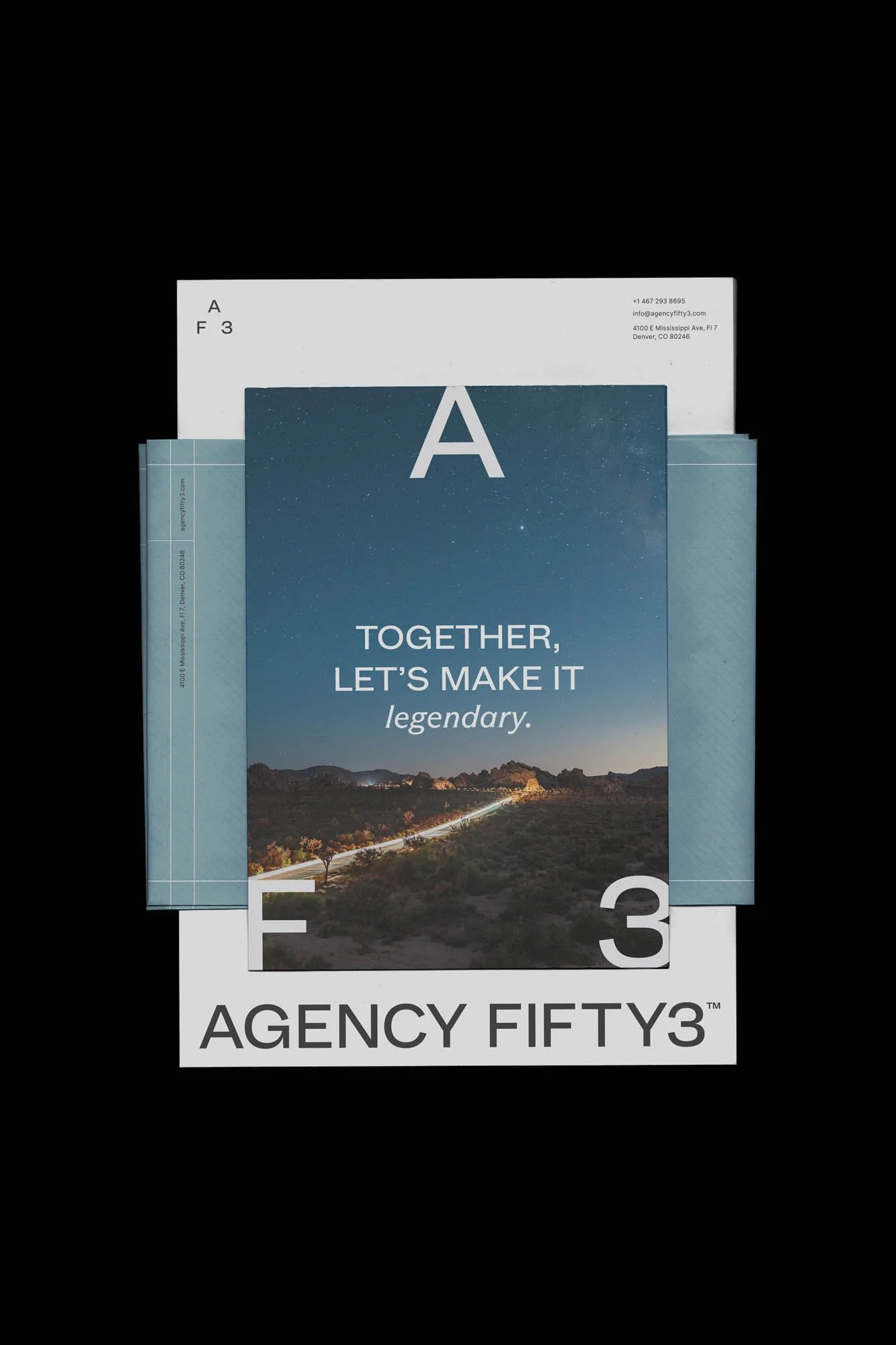 Brochure or booklet with a night sky photo, text that says, "Together, let's make it legendary", and labeled as Agency Fifty3.
